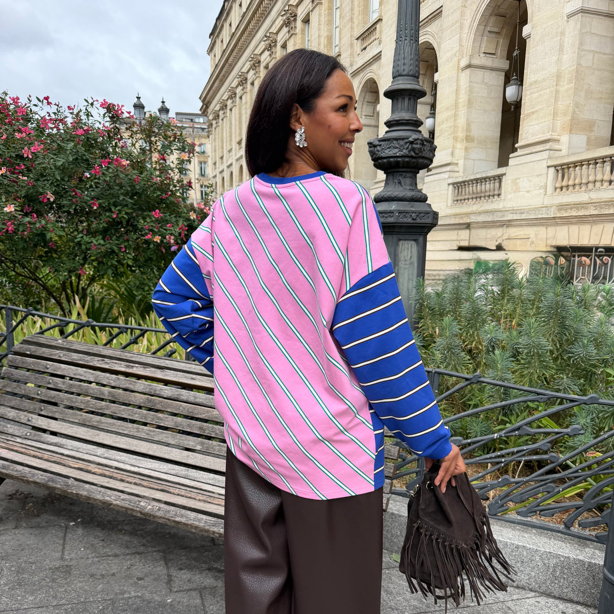 T shirt manche longue JACKIE rayé bleu et rose
