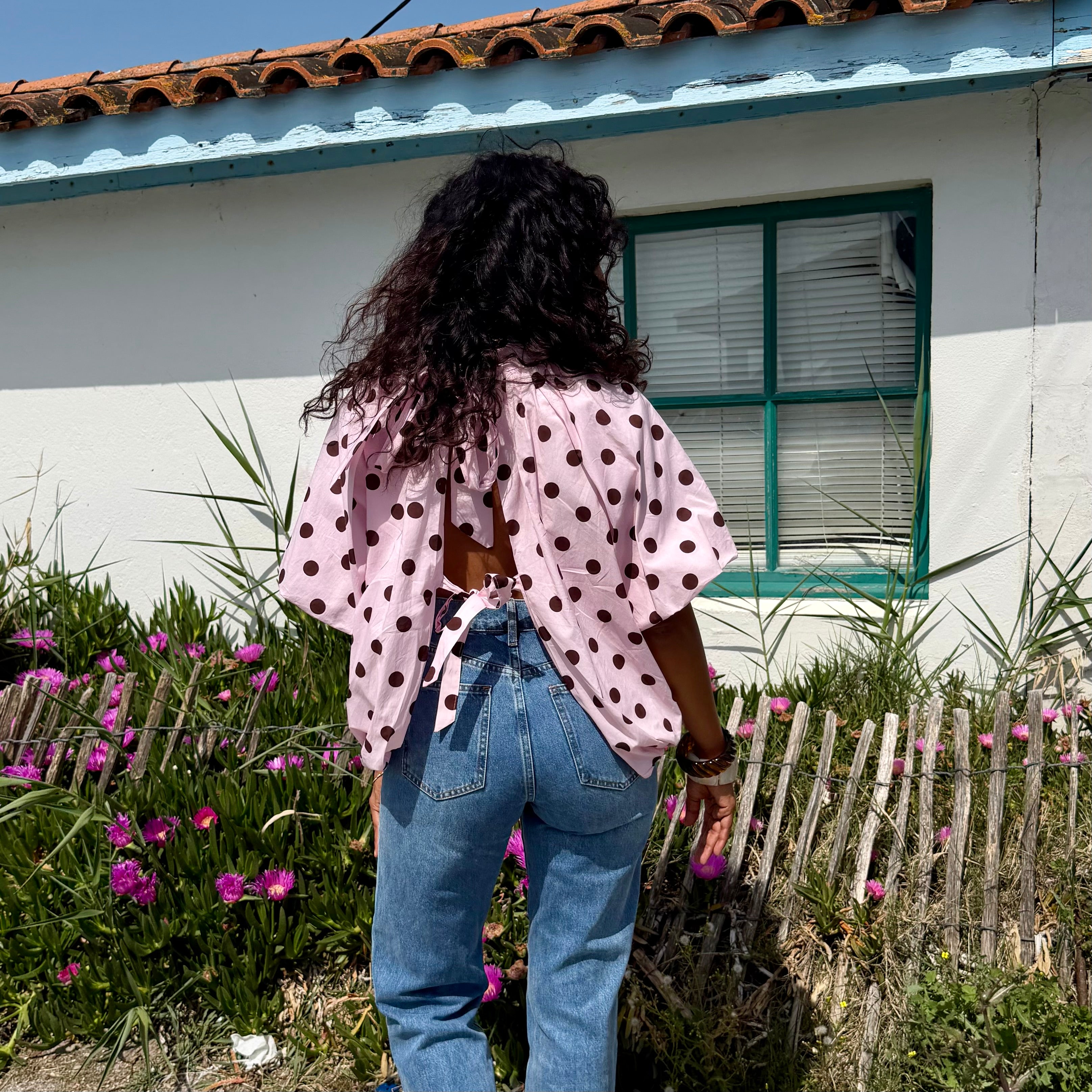 Blouse POIS dos nu rose et marron