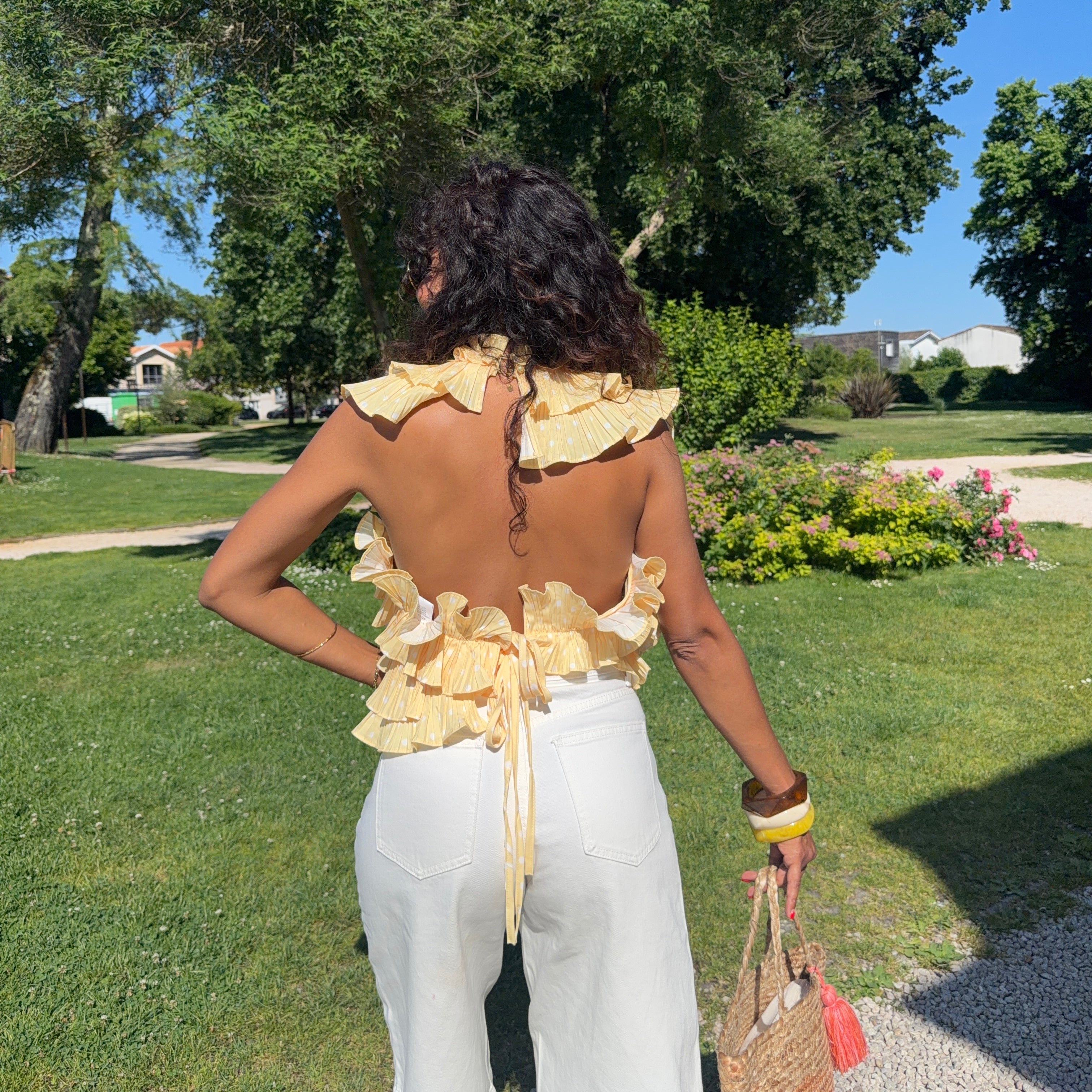TOP DOS NU FLORE VOLANTS POIS jaune