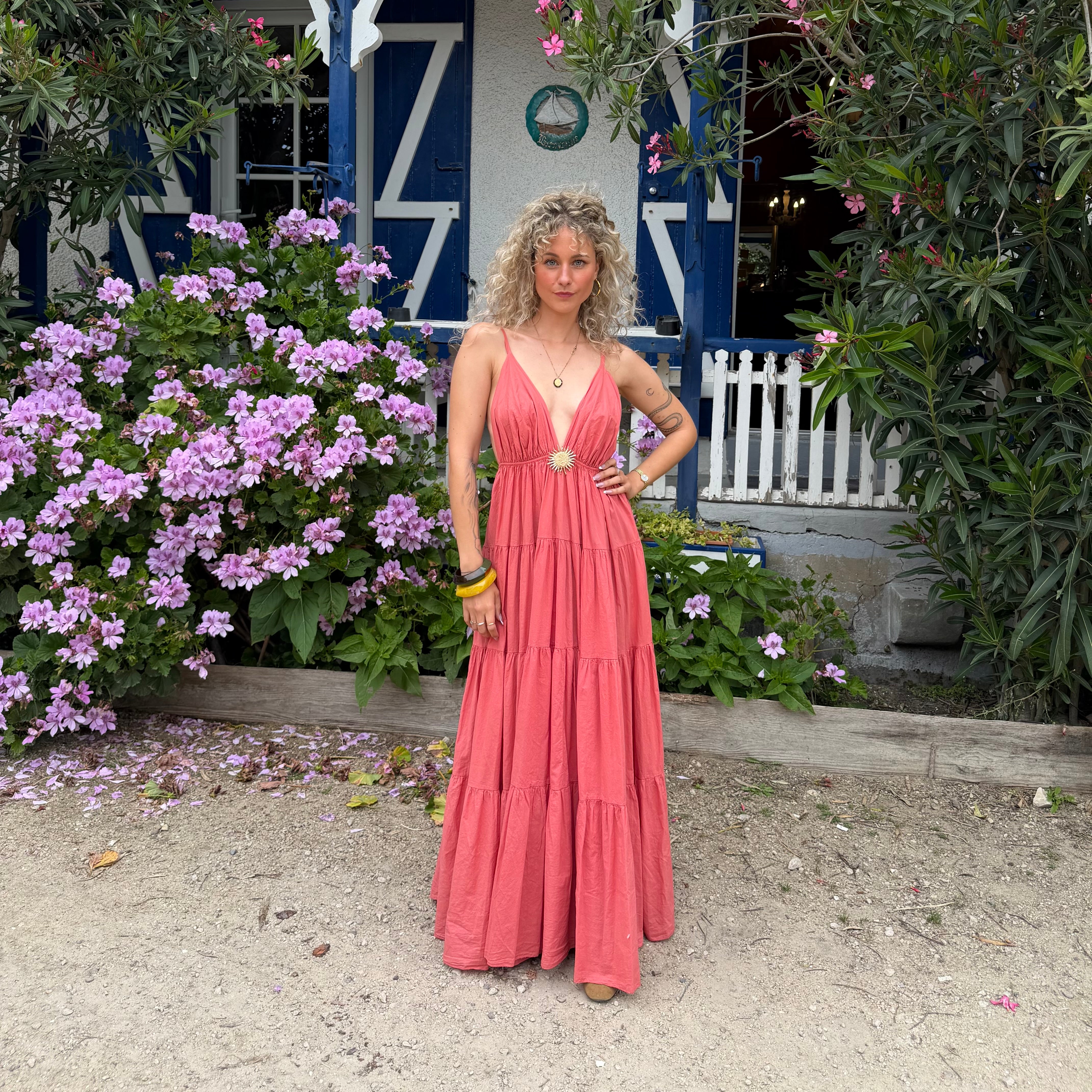 Robe longue SOLEIL bohème corail dos nu