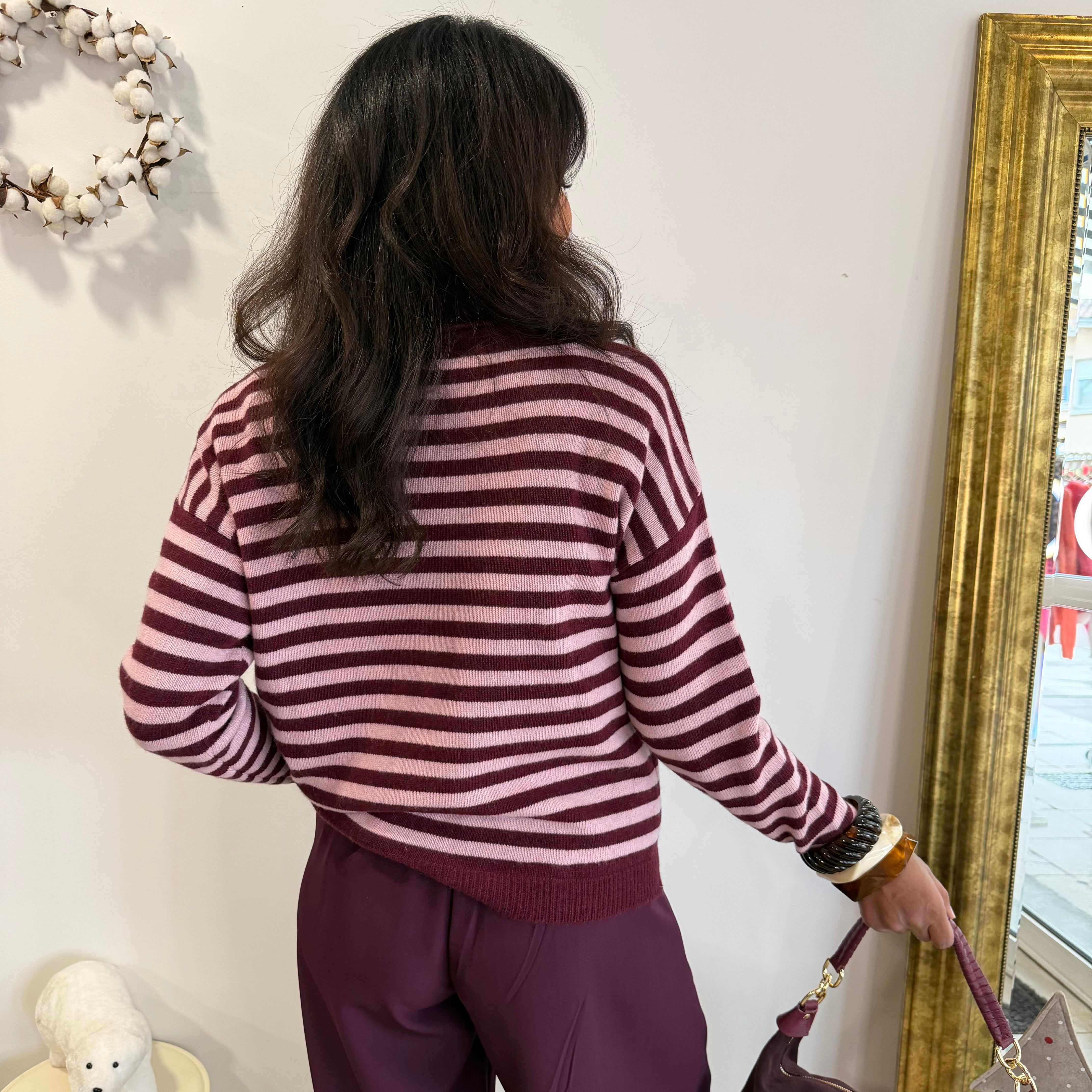 Pull col roulé rayé, CHARLIE, prune et rose, laine et cachemire