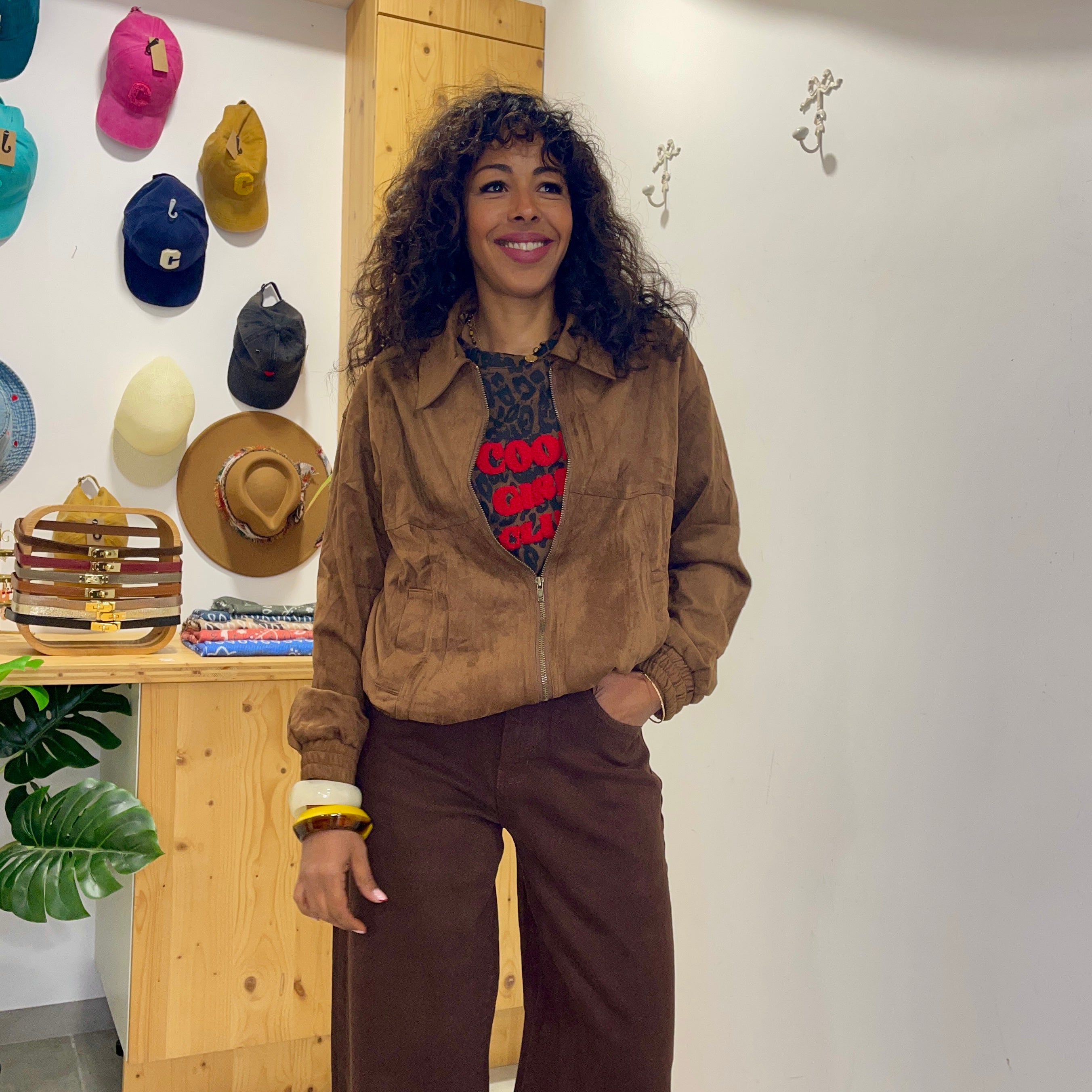 Veste camel CARLA effet daim coupe bombers