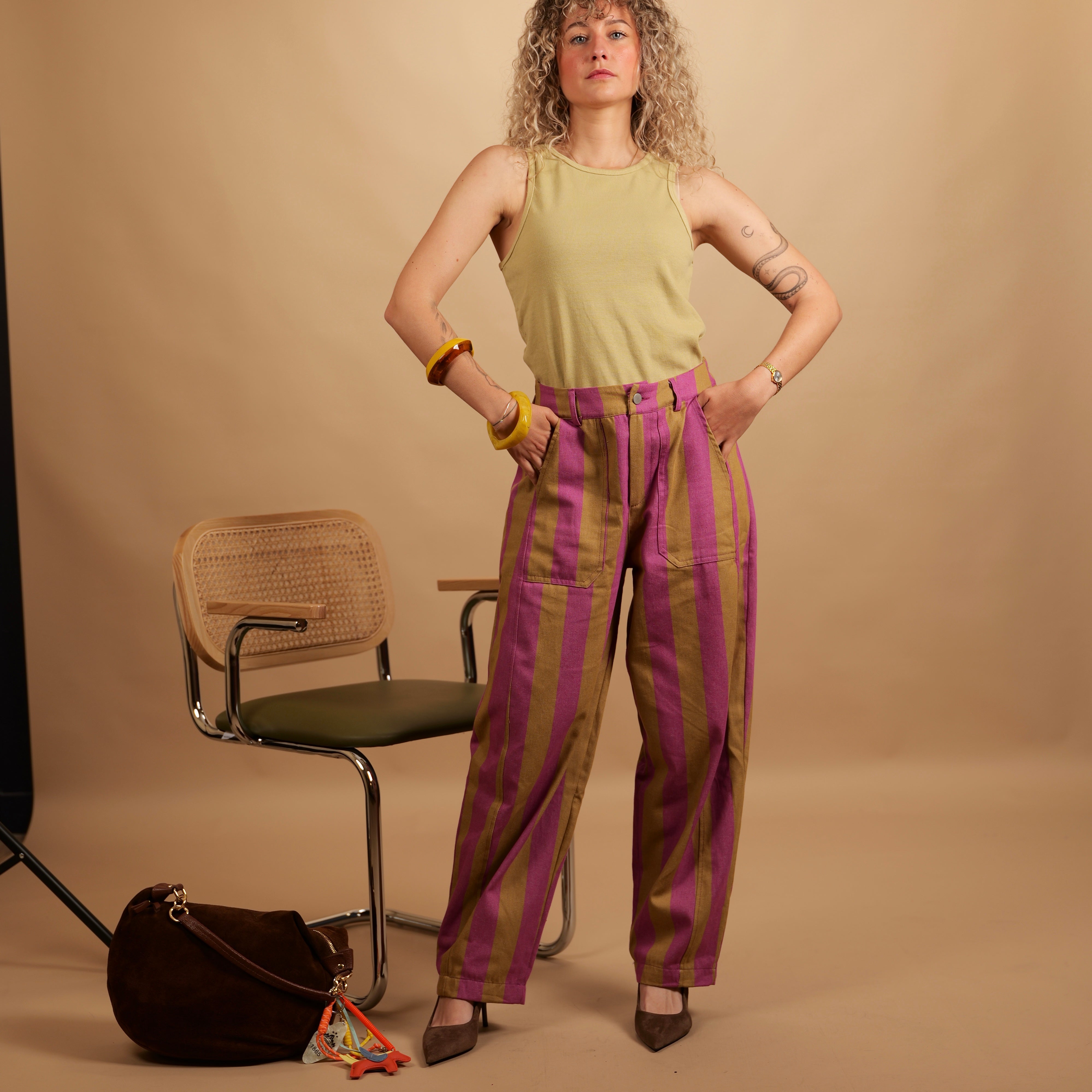 Pantalon LOUNA violet framboise & vert olive