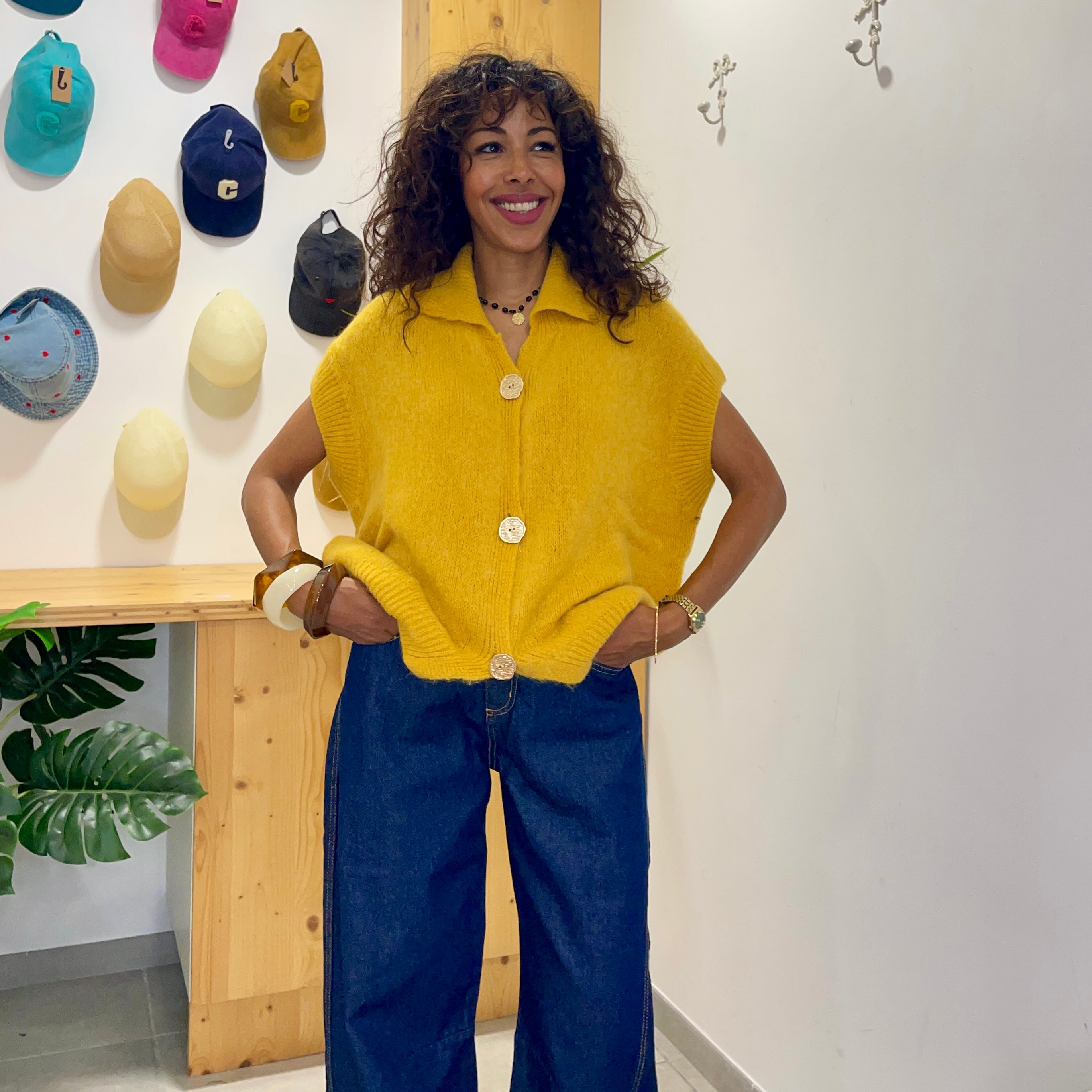 Pull manches courtes ANNA jaune moutarde en baby alpaga et laine