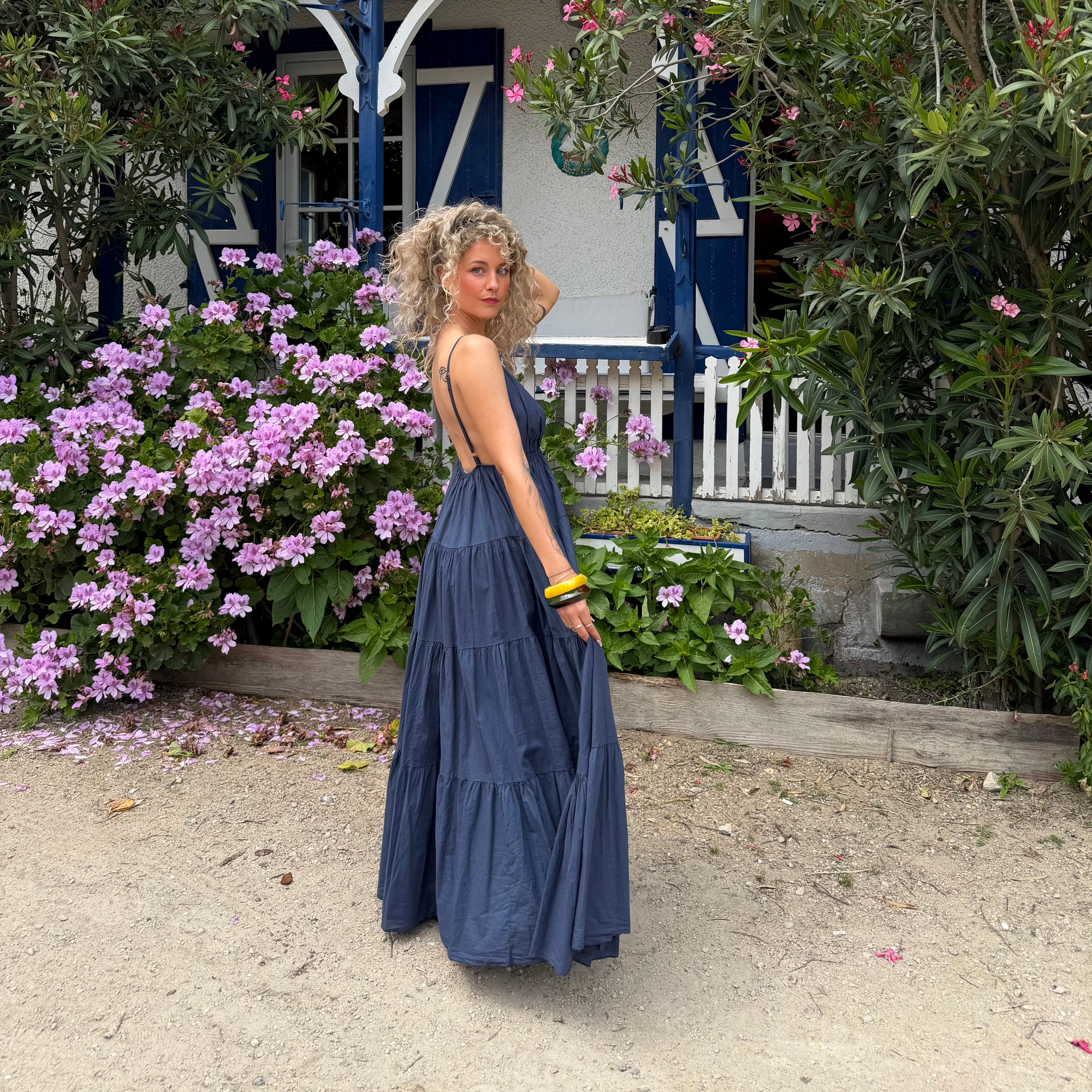 Robe longue SOLEIL bohème bleu marine dos nu