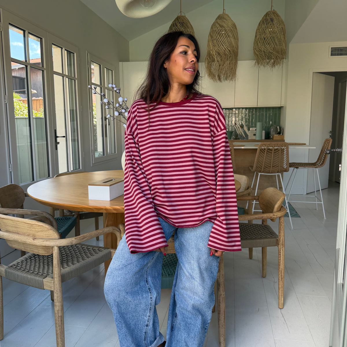T shirt manche longue MILO rayé bordeaux et rose