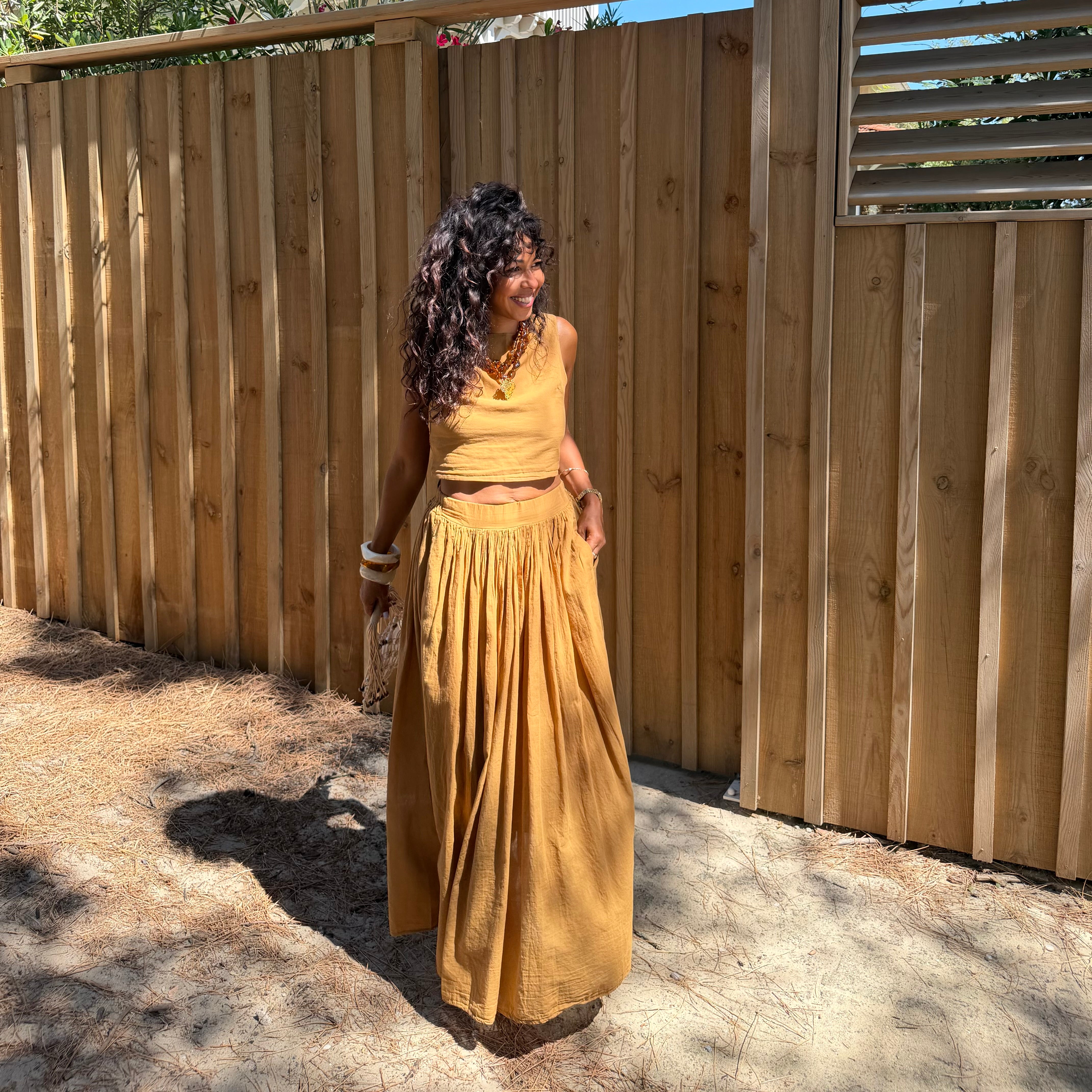 Ensemble YDRA jupe et top dos nu en coton tabac