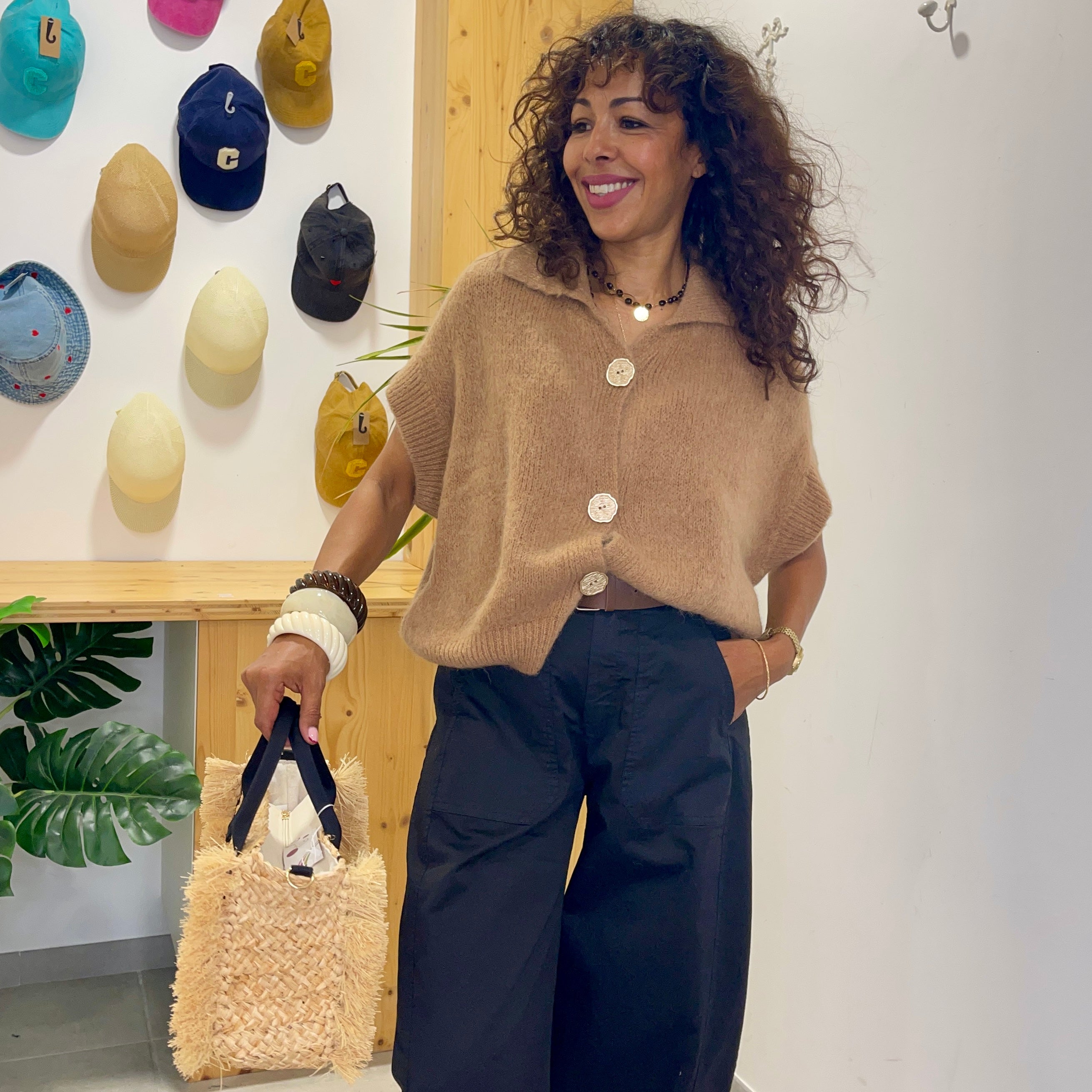 Pull manches courtes ANNA beige camel en baby alpaga et laine
