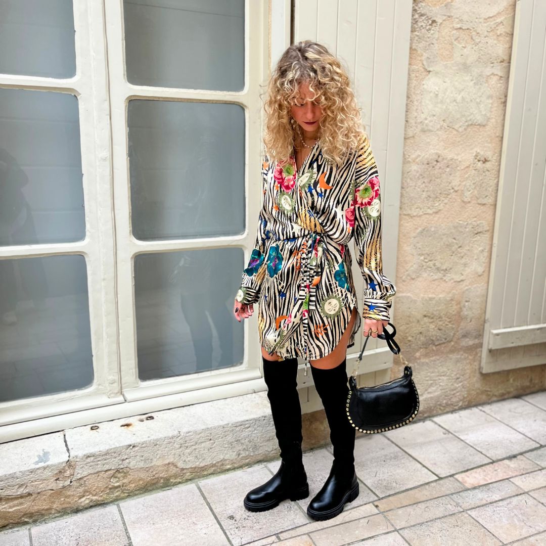 Robe cache-coeur courte à manches longues JORDANE ornée d'un motif zébré