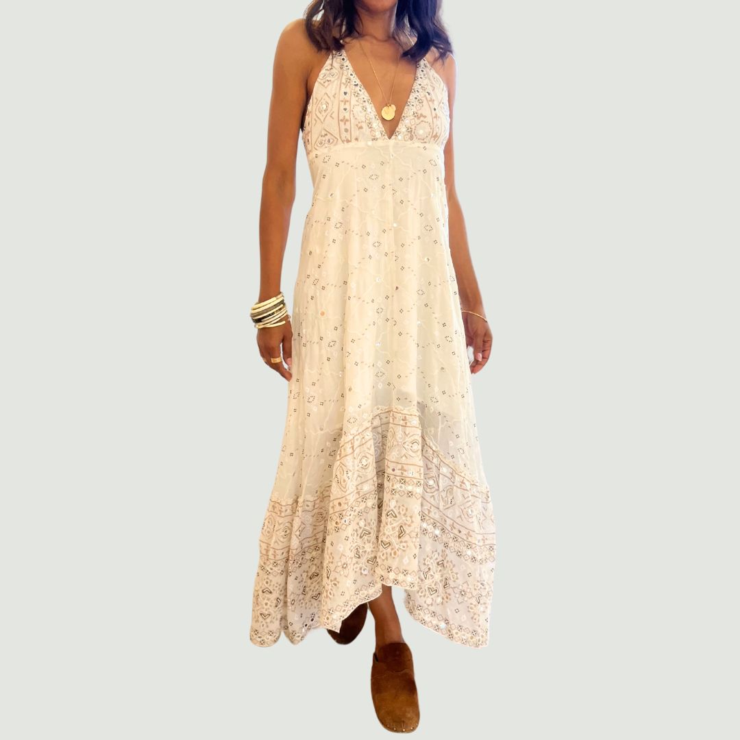Robe dos nu ROSALIA taupe à la coupe longue dotée de liens ajustables