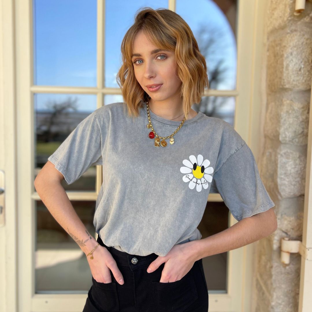 T-shirt oversize à manches courtes GOOD VIBES gris en coton