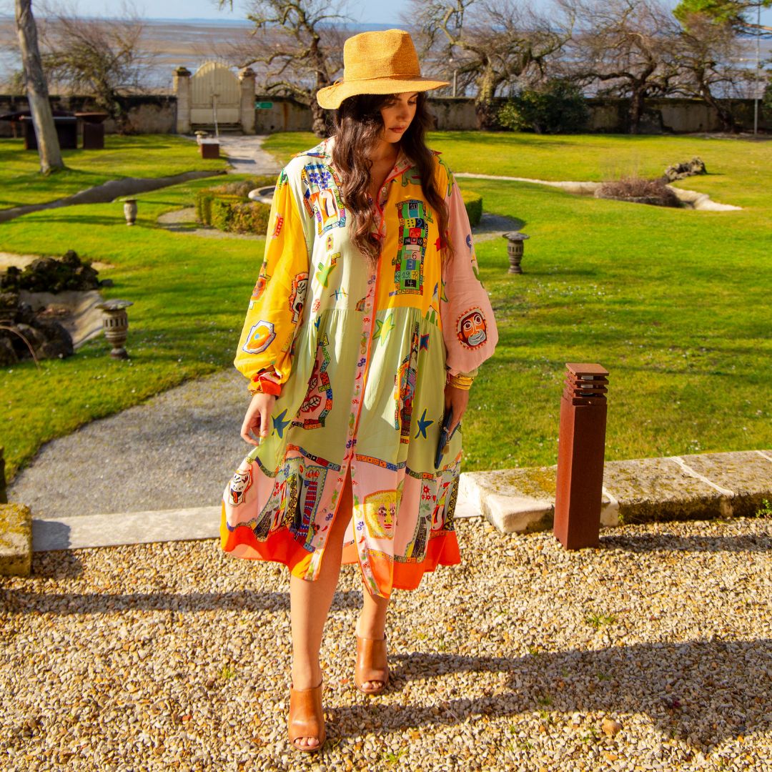 Robe-chemise colorée aux motifs divers LEONE longue et oversize à manches longues