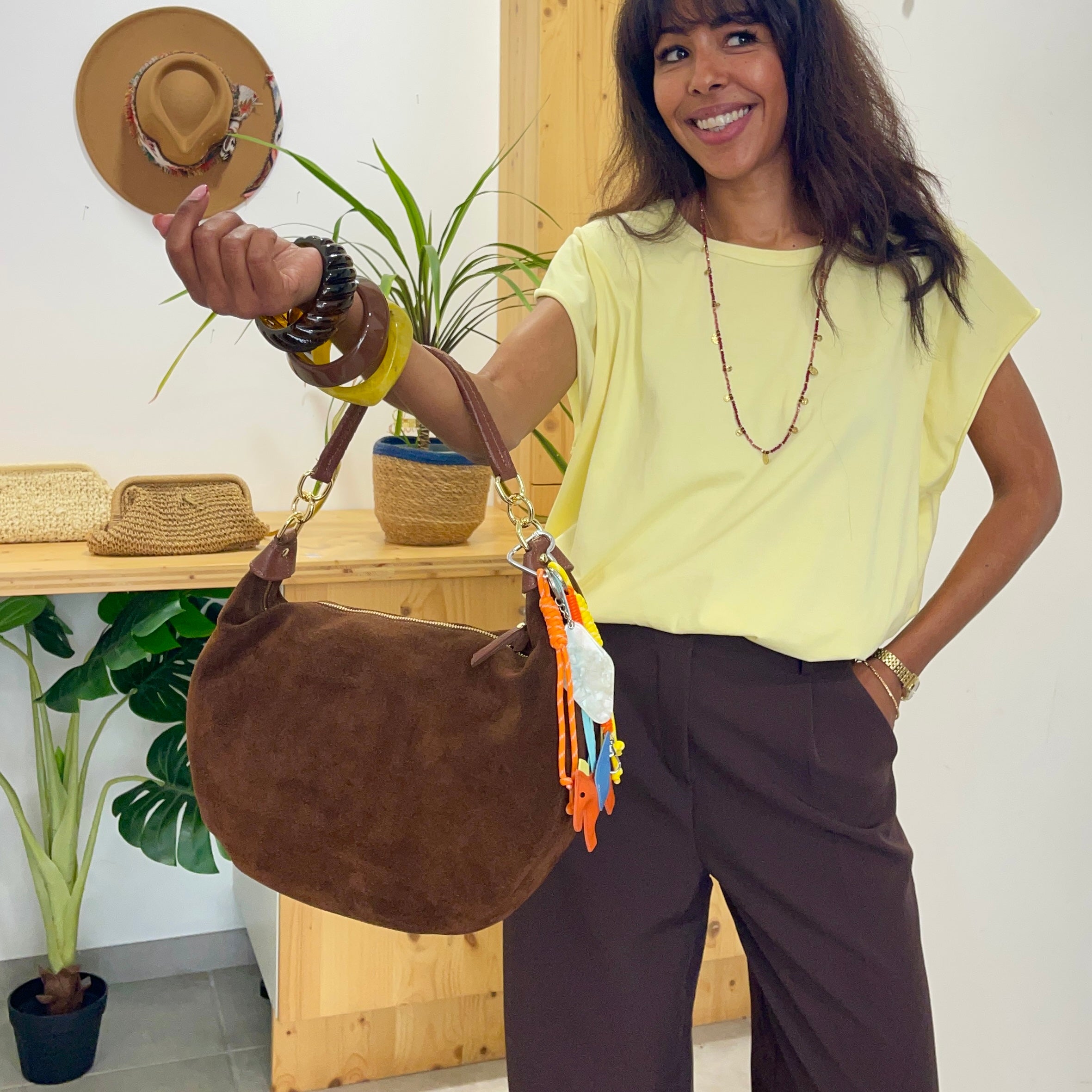 Sac LUNE marron en cuir daim italien