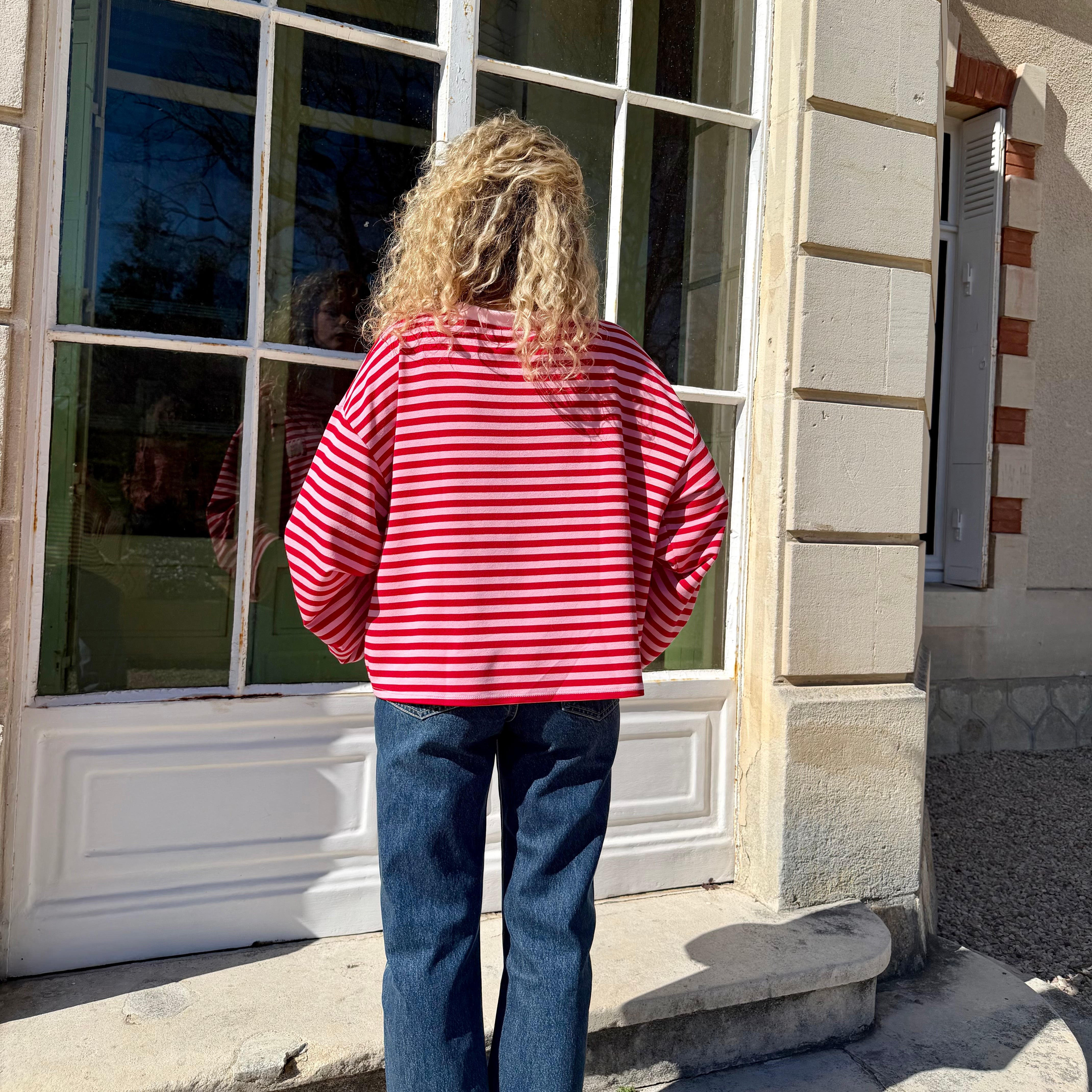 T-shirt CLUB marinière rayé rose/rouge aux manche longues et à la coupe oversize