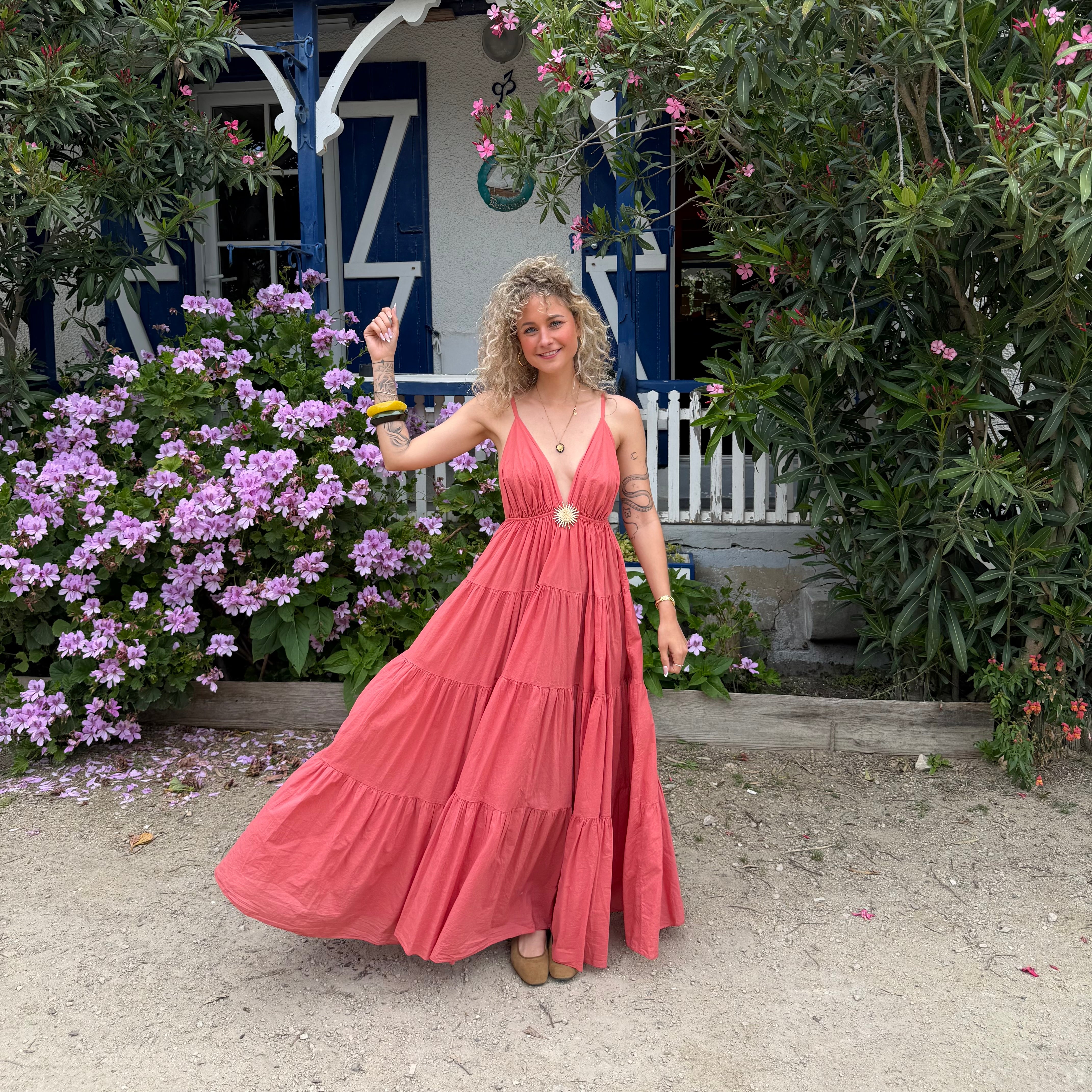 Robe longue SOLEIL bohème corail dos nu