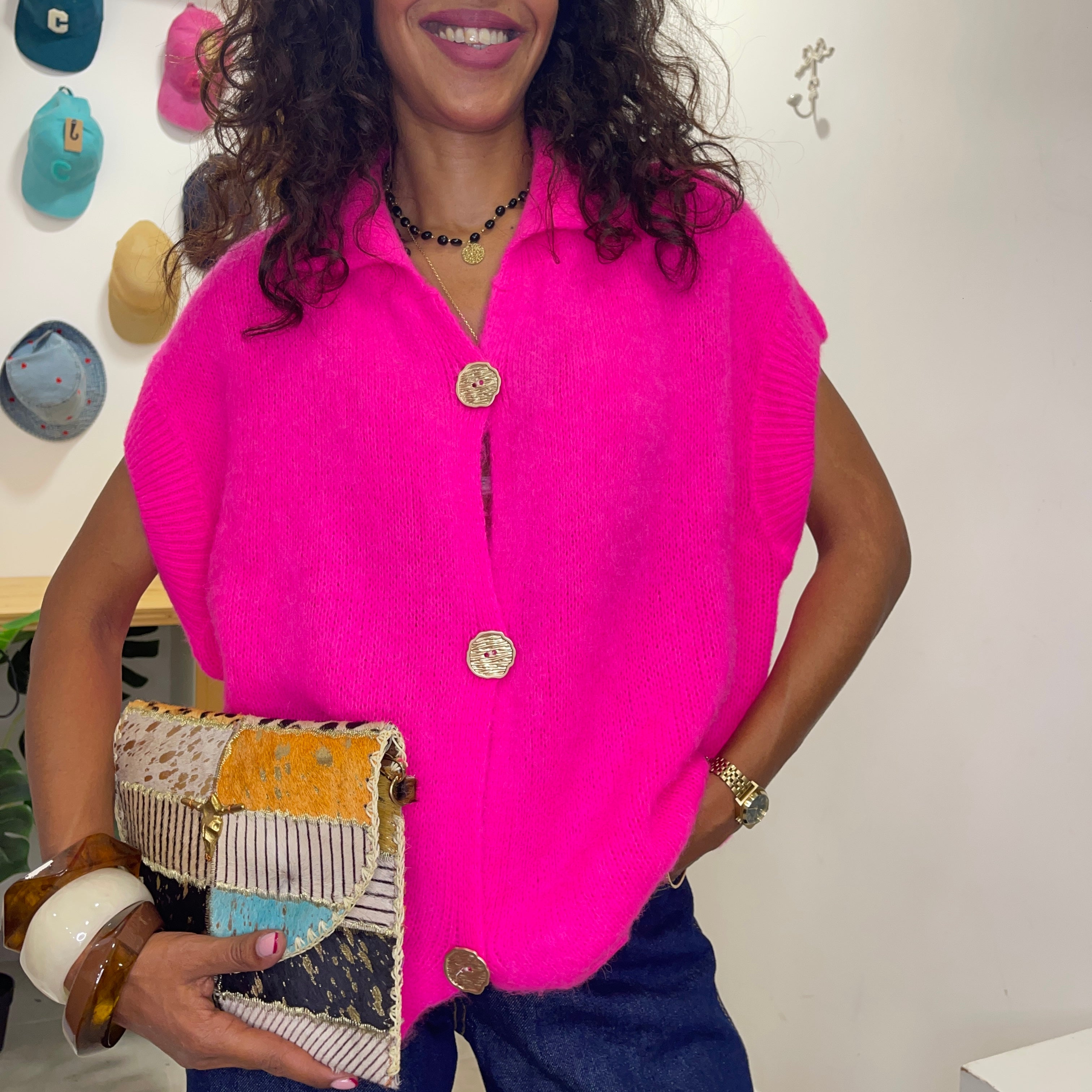 Pull manches courtes ANNA rose fushia en baby alpaga et laine