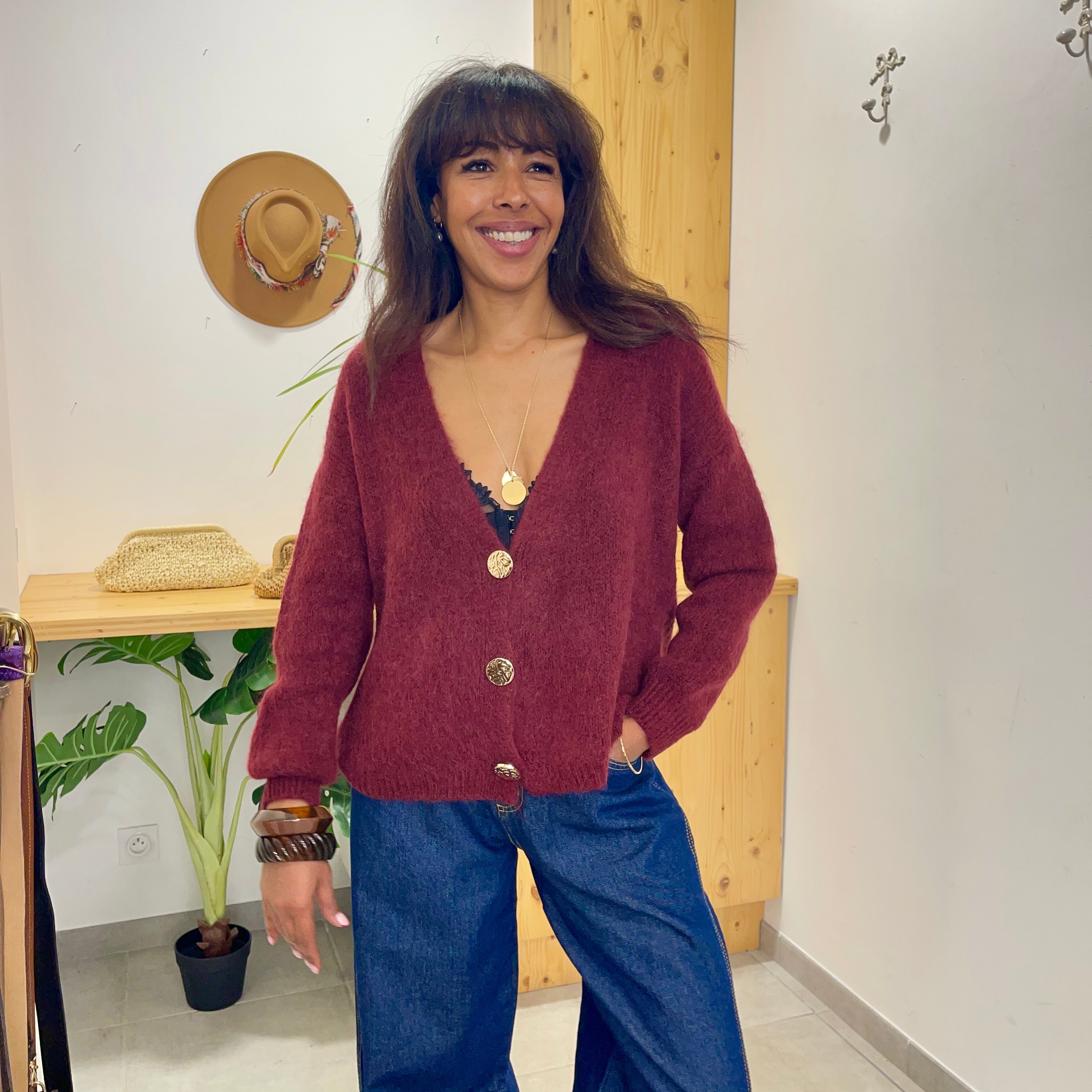 Gilet prune OLIVE à boutons dorés alpaga et laine
