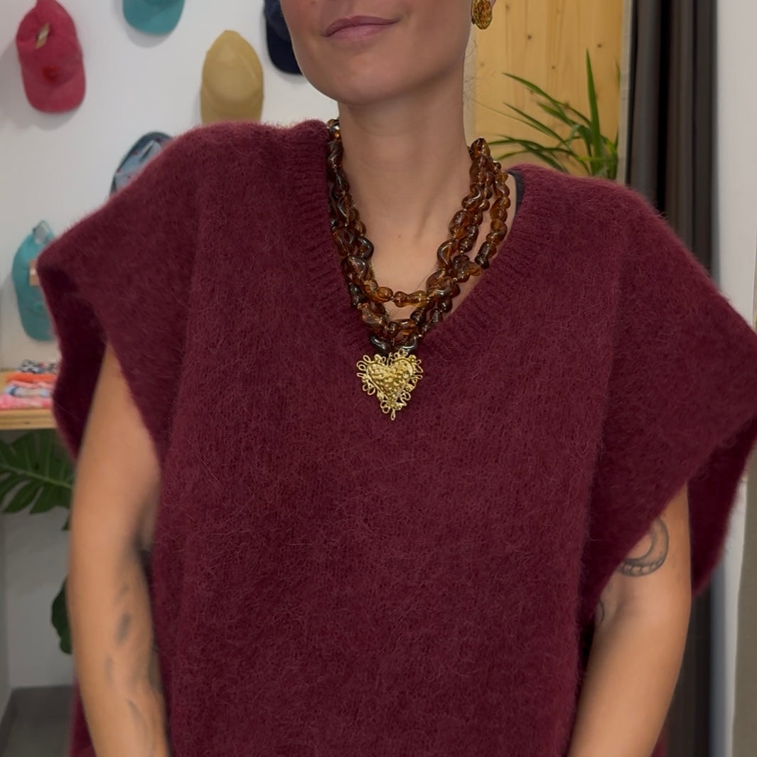 Pull couleur aubergine  oversize CHLOE manches courte col en V en baby alpaga et laine