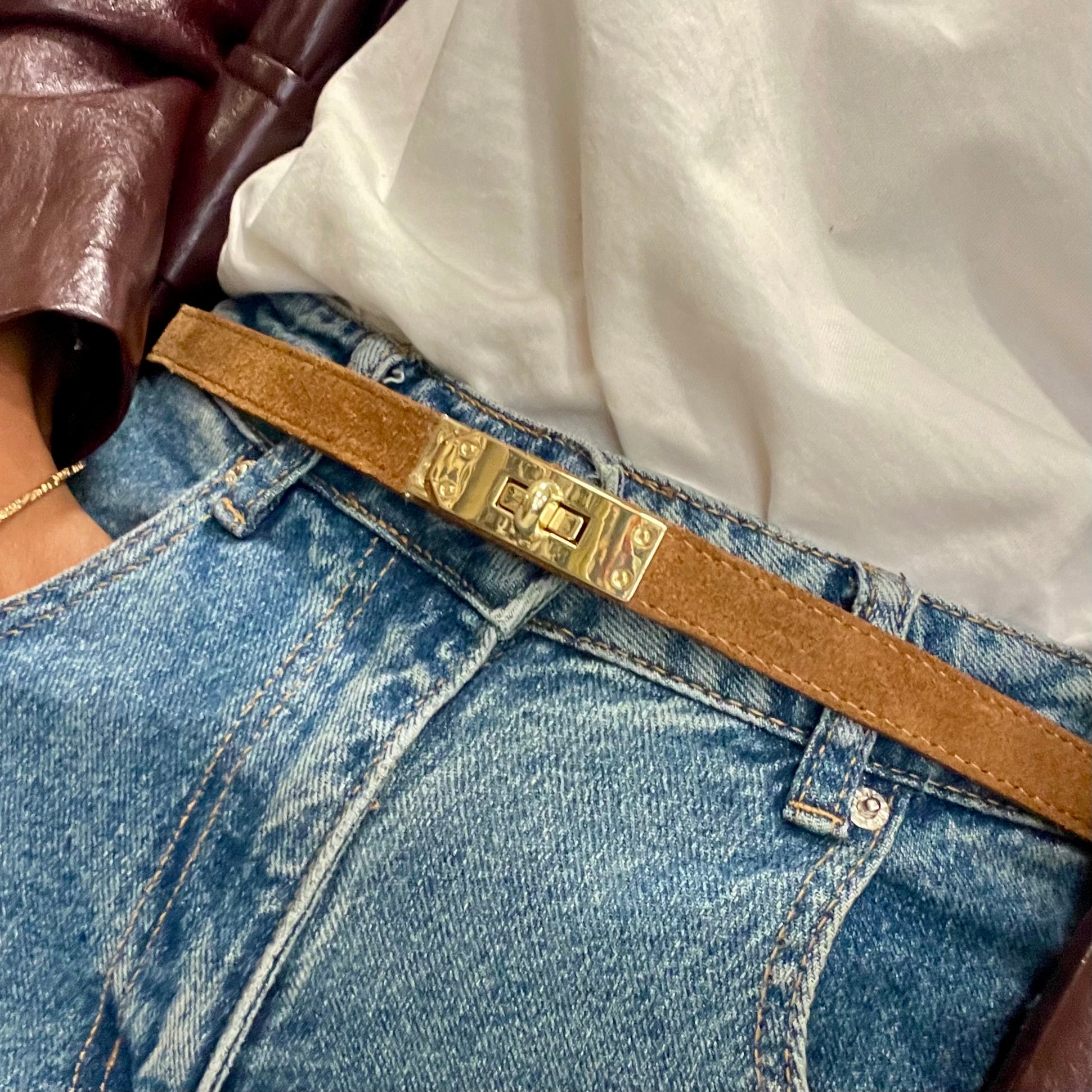 Ceinture cuir daim camel réglable