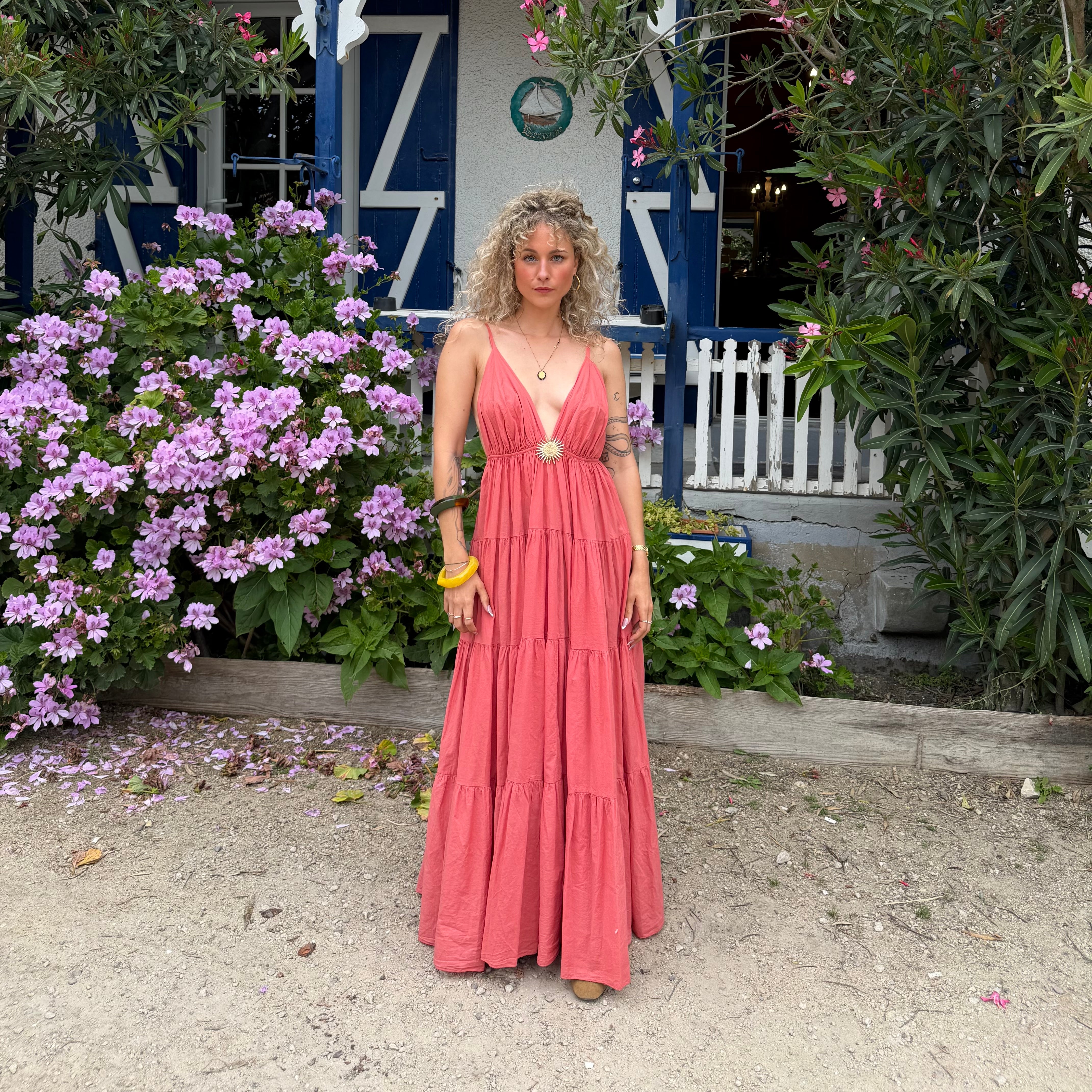 Robe longue SOLEIL bohème corail dos nu
