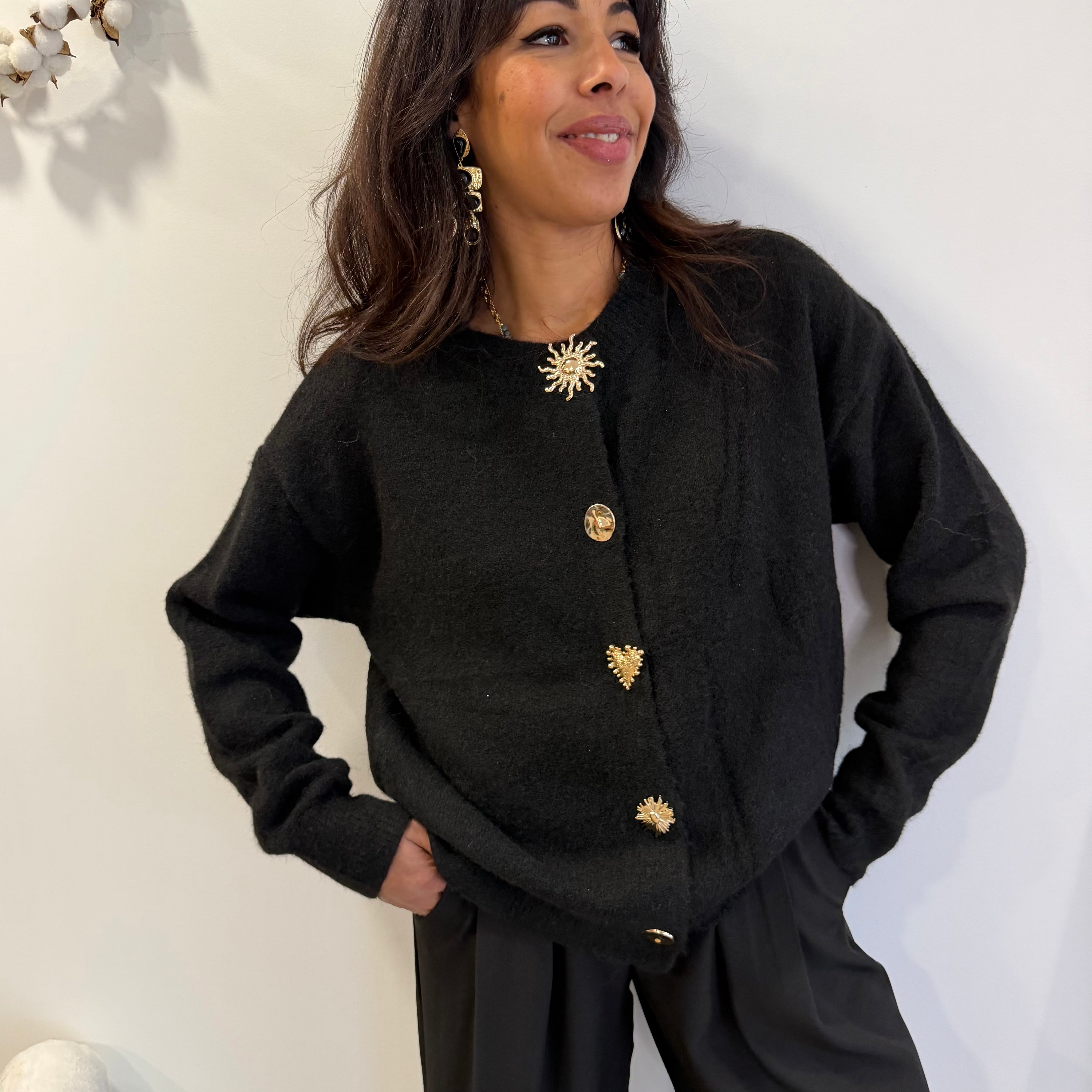 Gilet NOEL, couleur noir, bouton bijoux