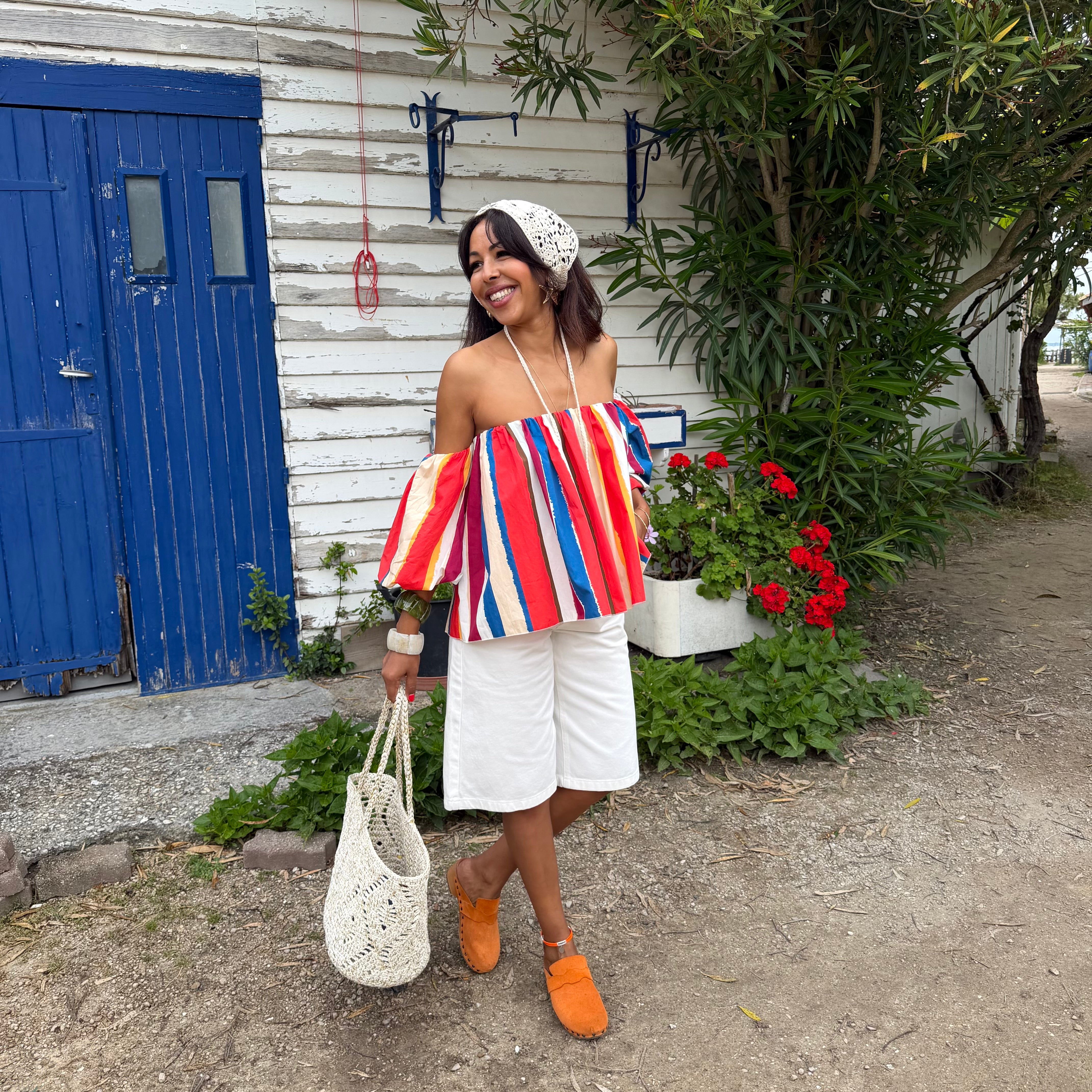 Blouse LIO rayée multicolore rouge – coton – col bardot