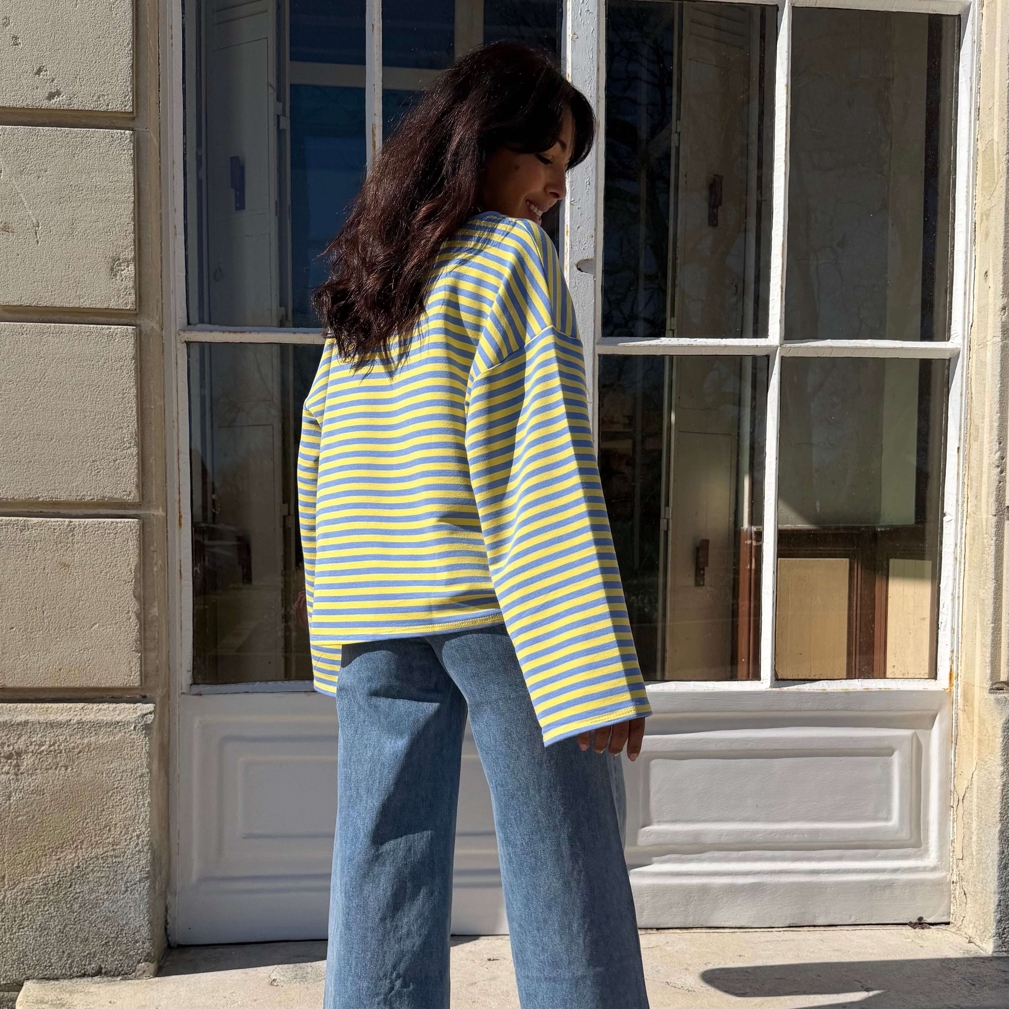 T-shirt CLUB marinière rayé jaune/bleu aux manche longues et à la coupe oversize