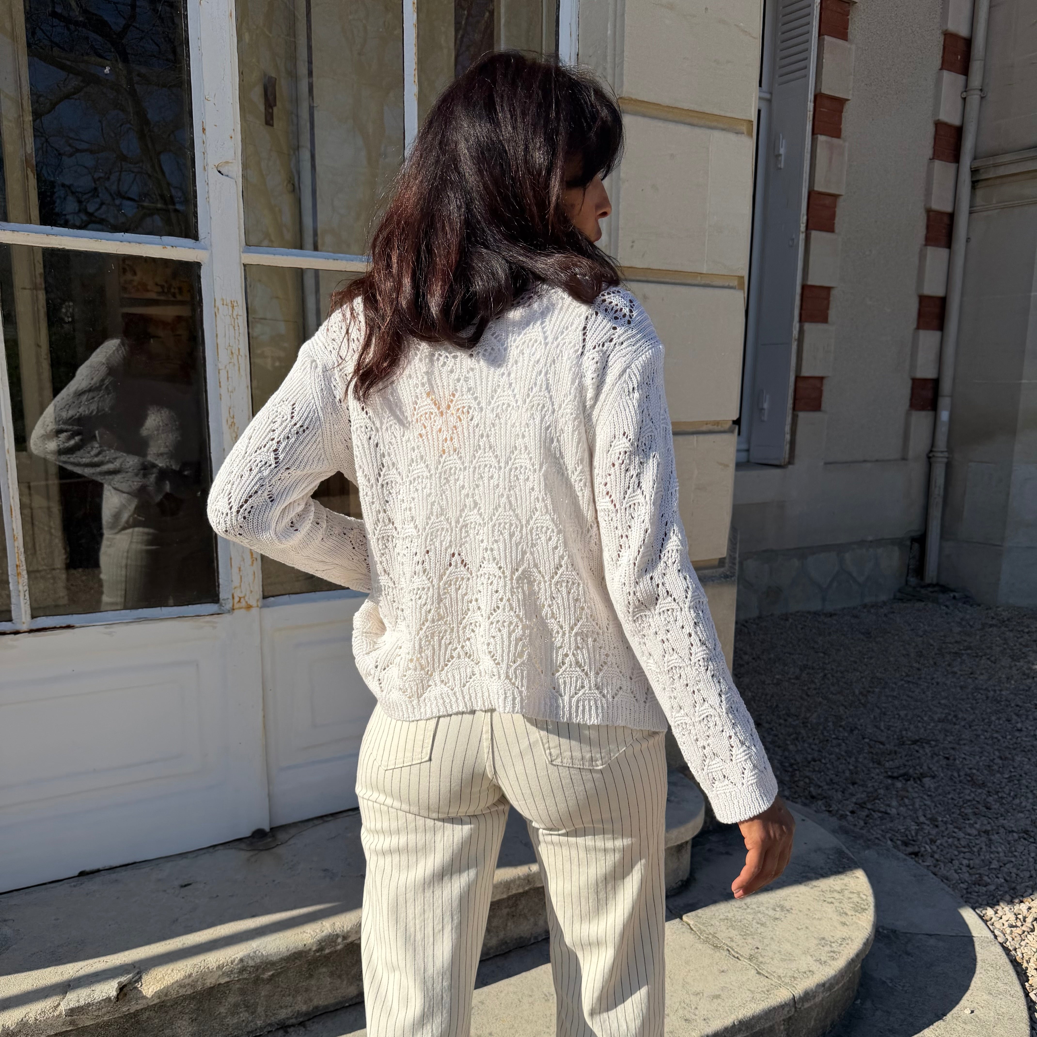 Gilet manches longues GRACE en maille ajouré écru.