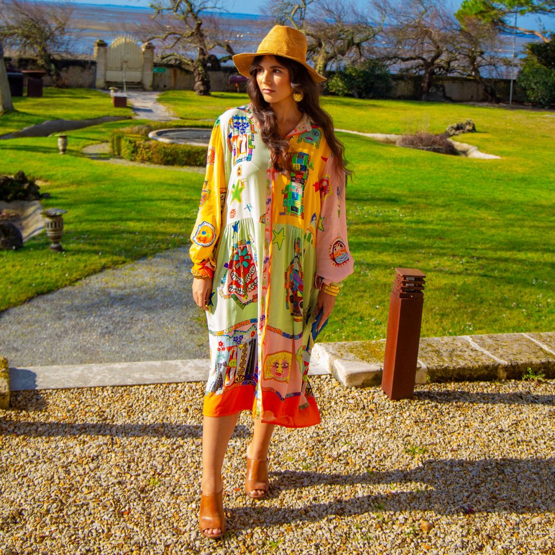 Robe-chemise colorée aux motifs divers LEONE longue et oversize à manches longues