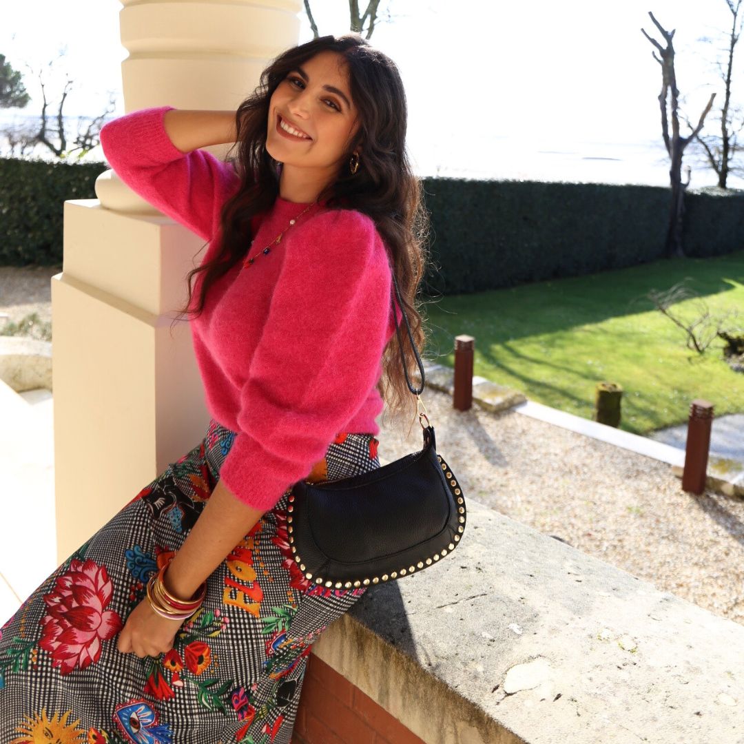 Pull en laine et alpaga à col rond PAUL rose fuchsia doté de légères fronces sur les épaules