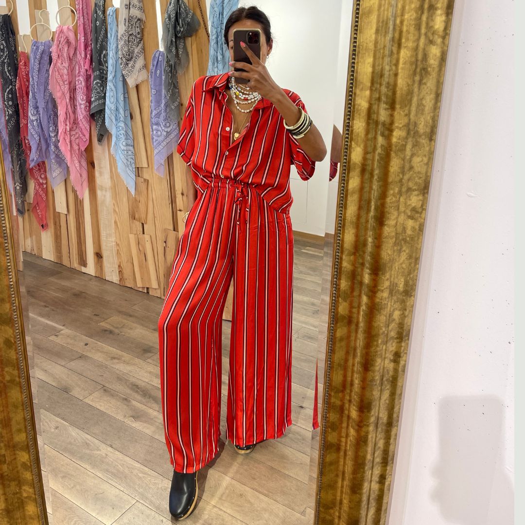 Chemise crop top d'ensemble ADÈLE rouge à rayures dotée d'une coupe oversize