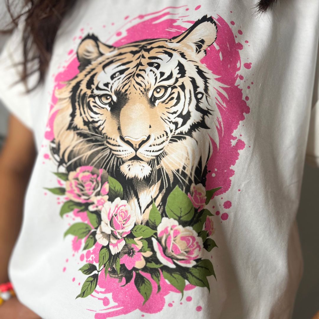 T-shirt sérigraphié à manches courtes en coton TIGER rose à la coupe oversize