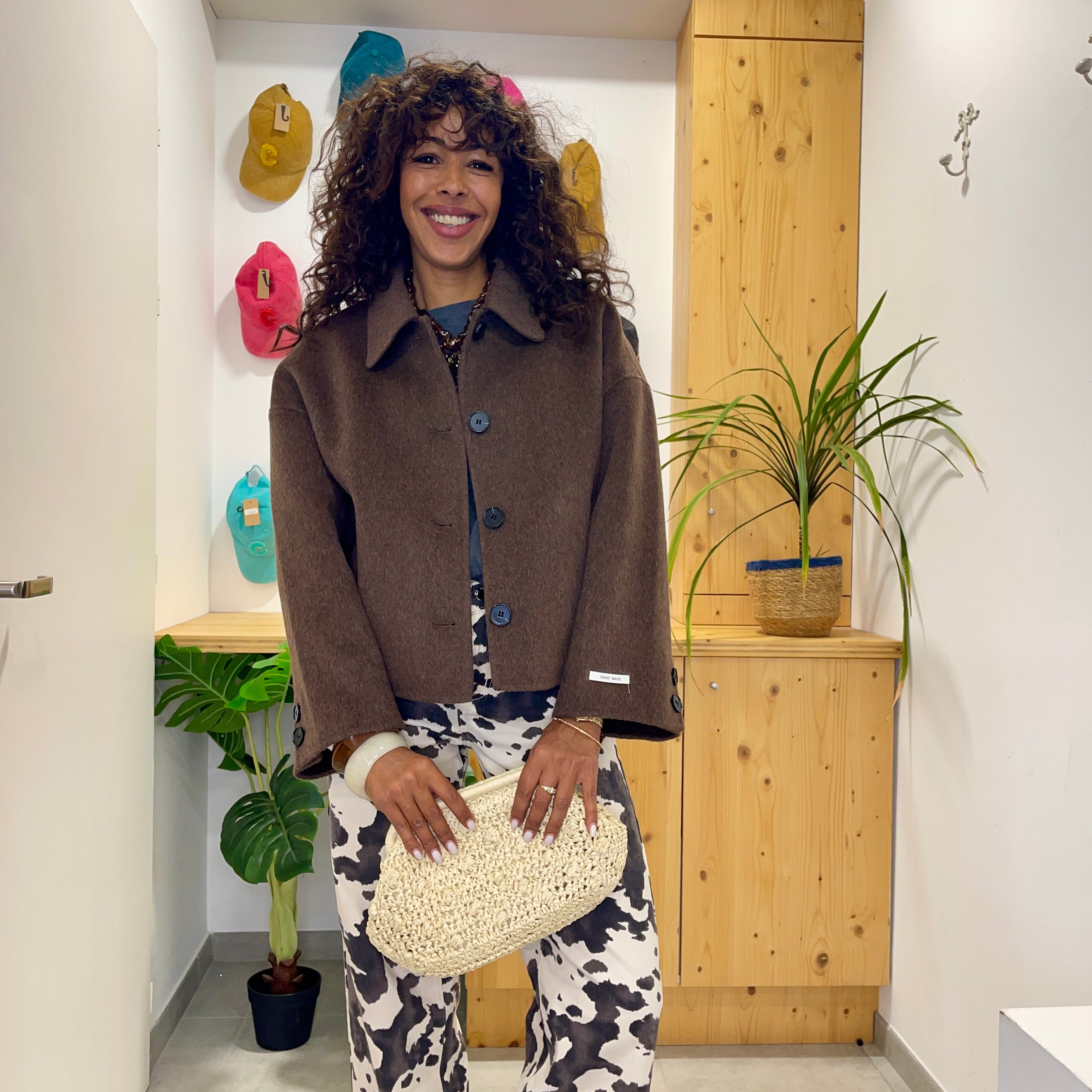 Manteau marron court ELIOTE en laine et Cashmere fait main