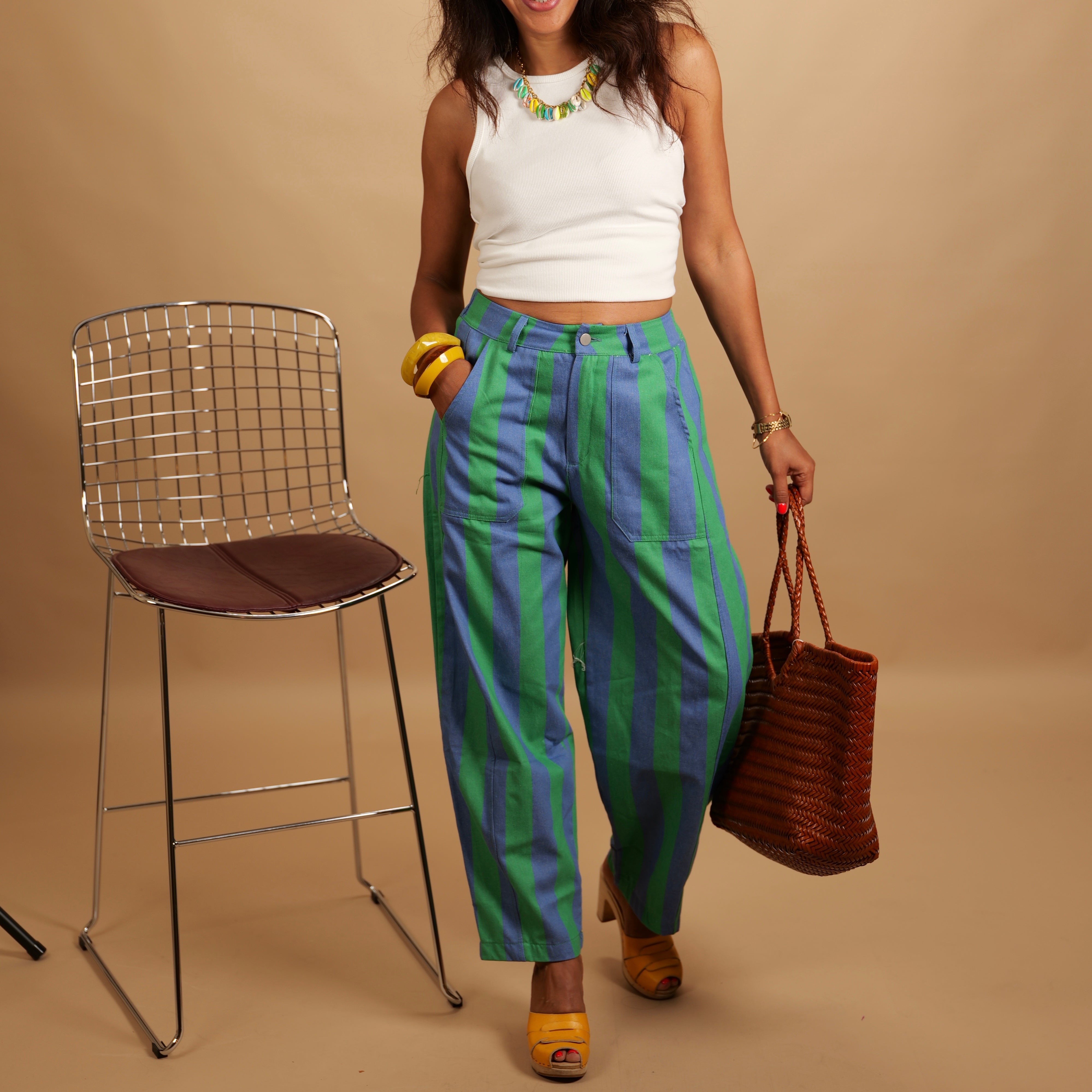 Pantalon LOUNA rayé bleu lavande & vert