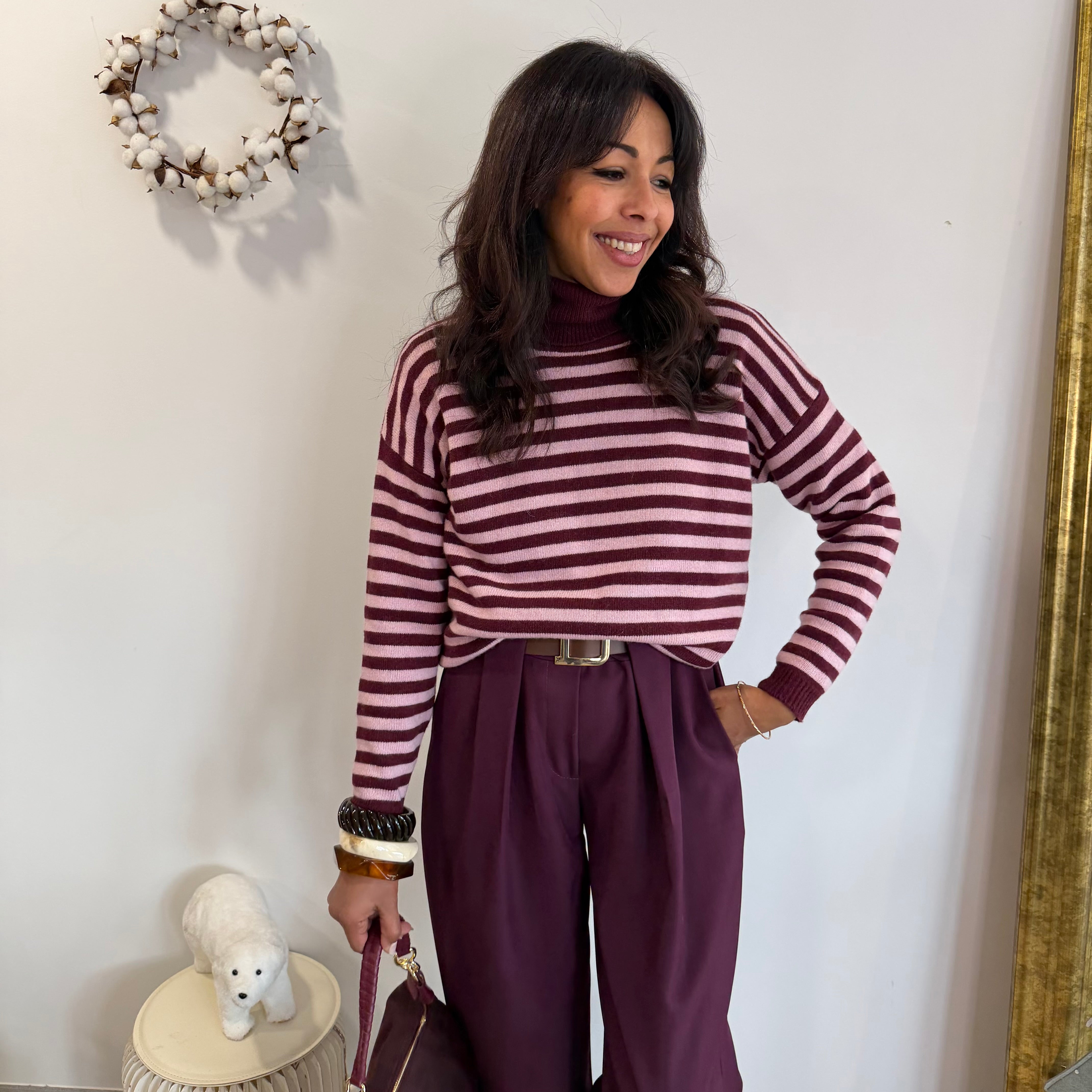 Pull col roulé rayé, CHARLIE, prune et rose, laine et cachemire