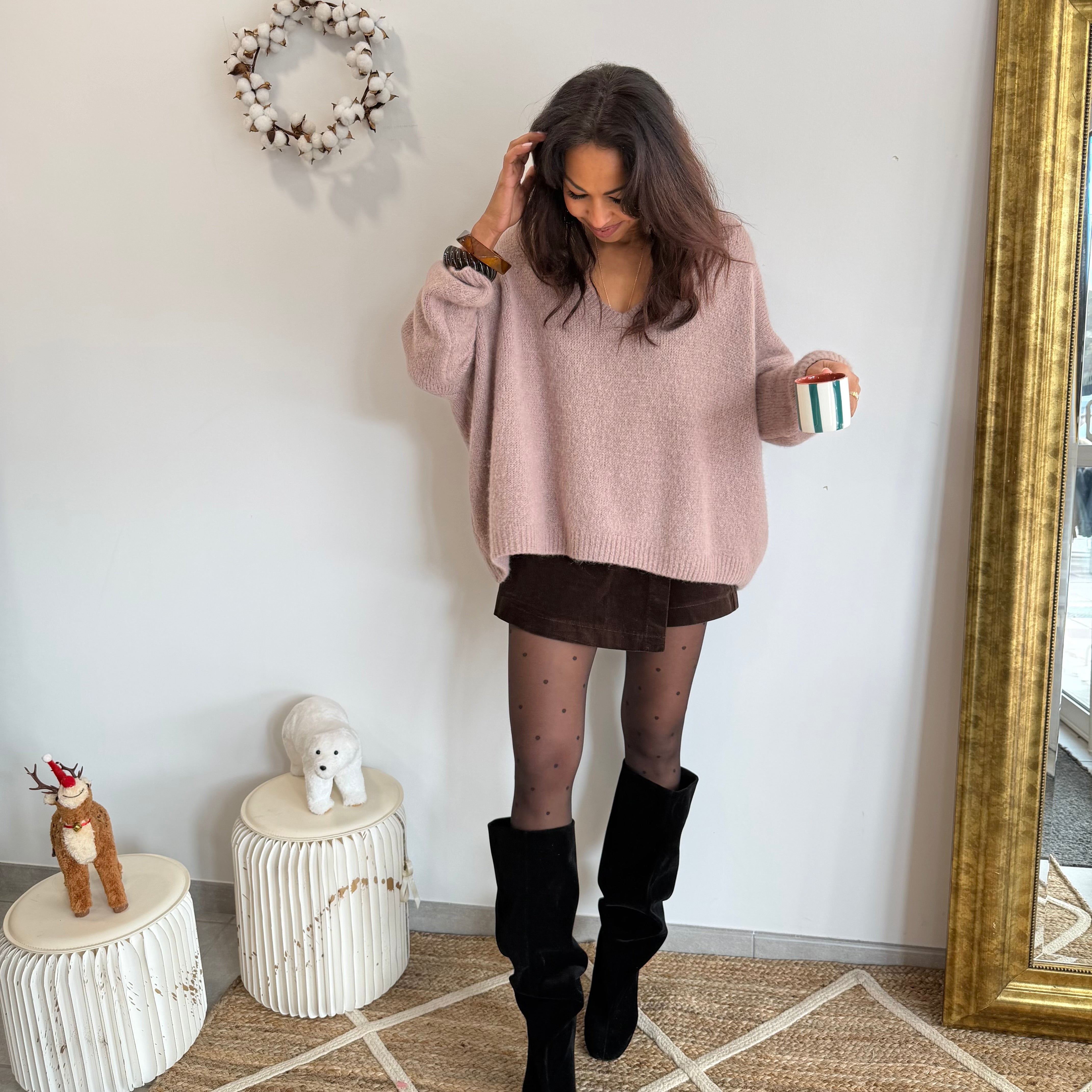 Pull col V VALI manches longues beige en kids mohair