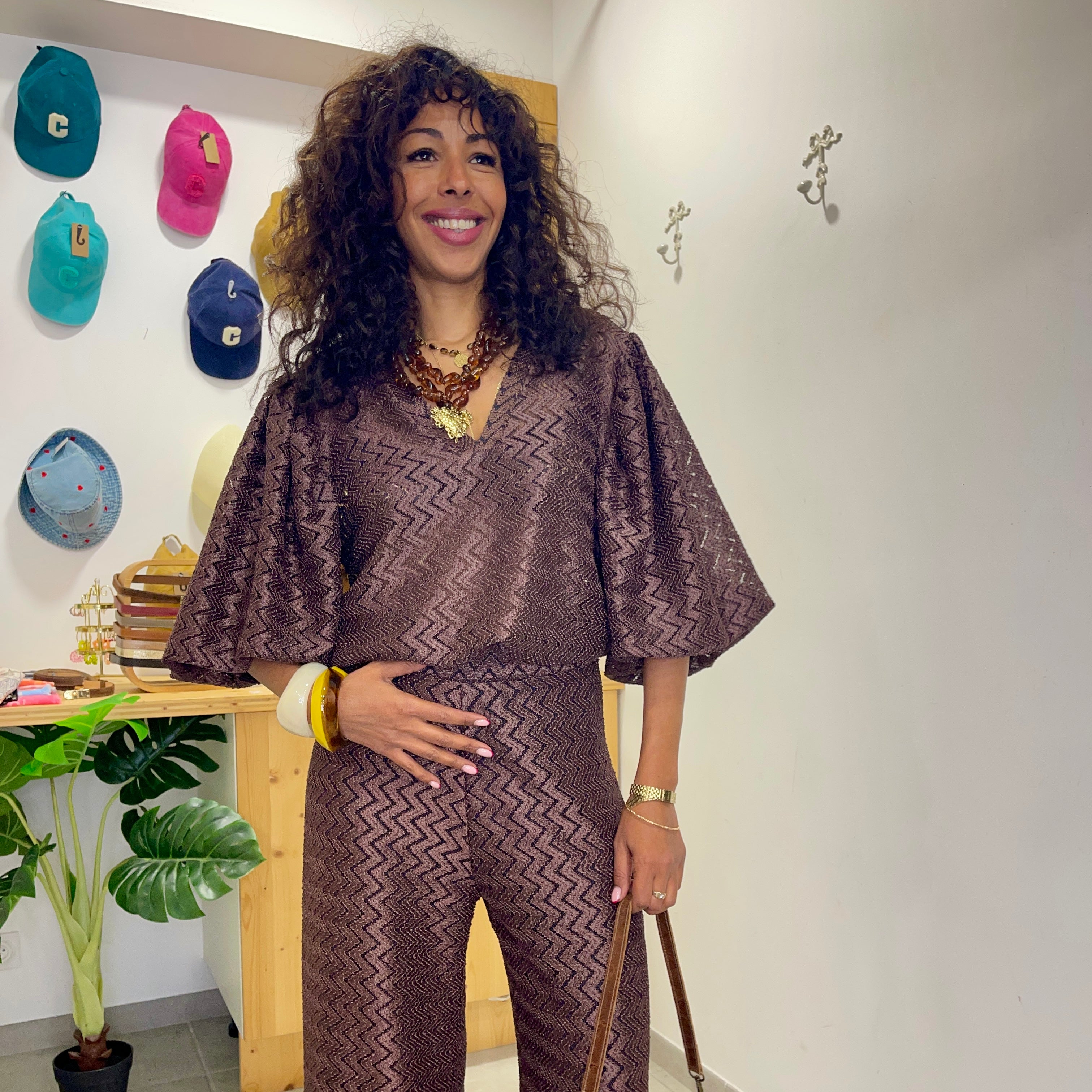 Blouse MADRID marron métallisé motif chevron