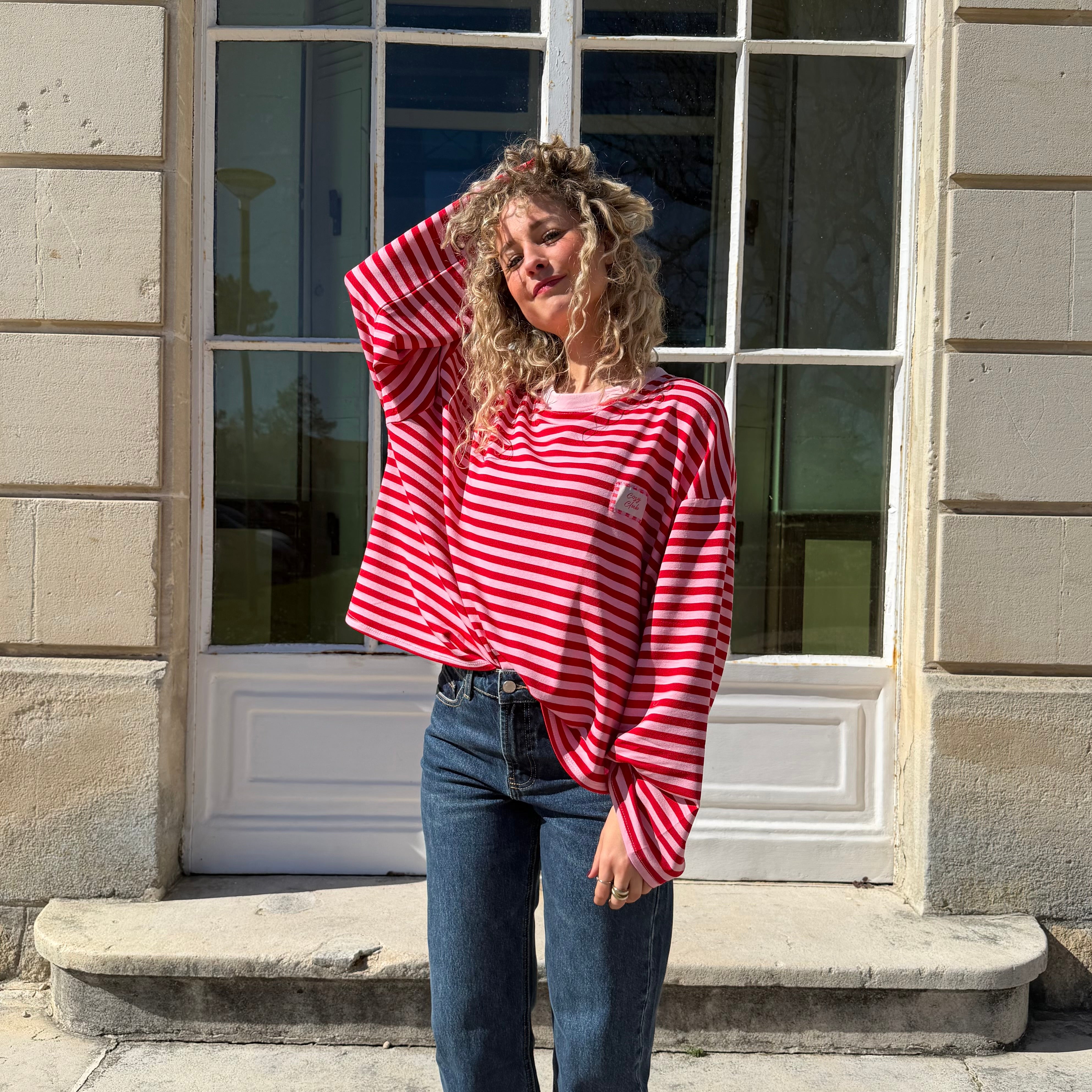 T-shirt CLUB marinière rayé rose/rouge aux manche longues et à la coupe oversize