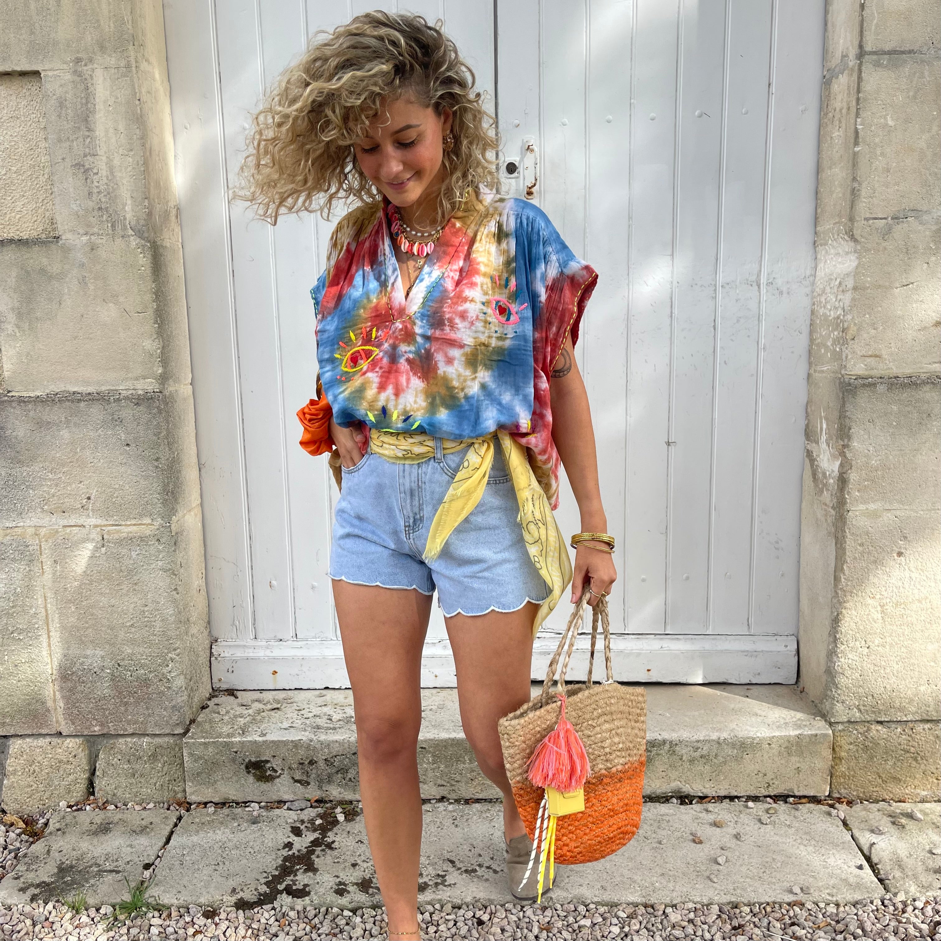 Blouse ONA manche courte tie and dye ocre en coton brodée main
