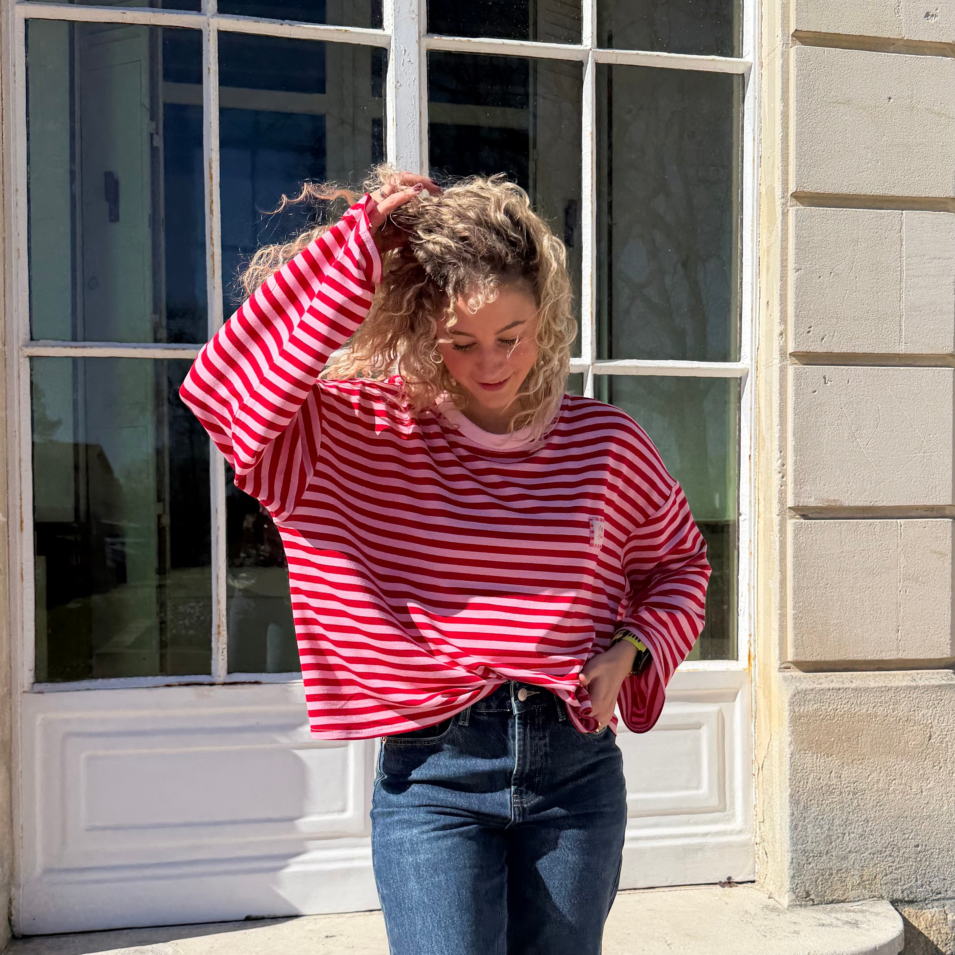 T-shirt CLUB marinière rayé rose/rouge aux manche longues et à la coupe oversize