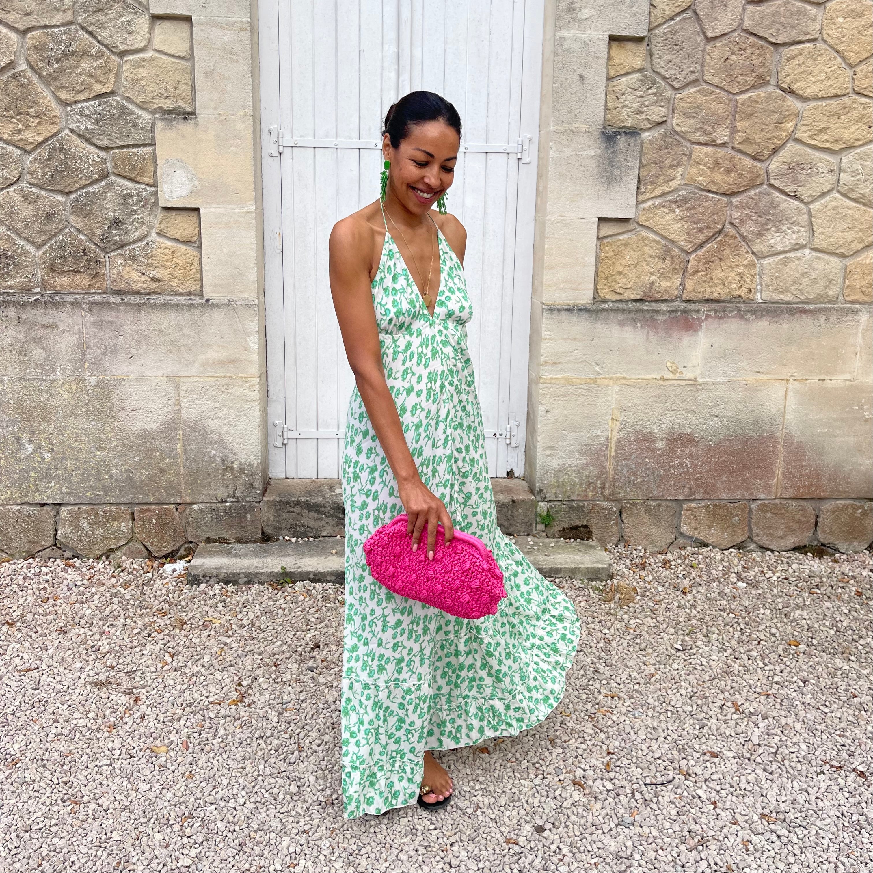 Robe longue SALVADORE dos nu à l'imprimé fleuri vert