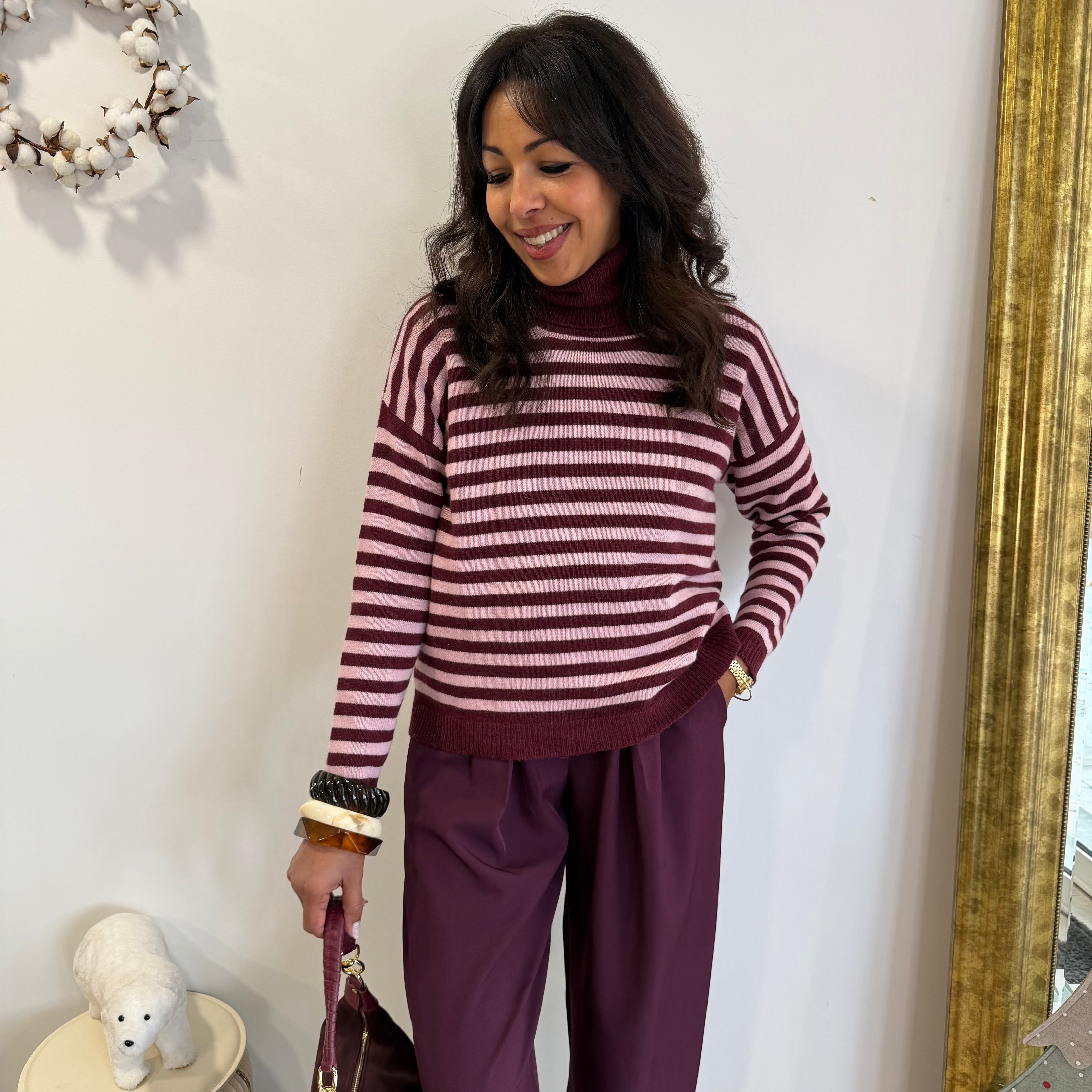 Pull col roulé rayé, CHARLIE, prune et rose, laine et cachemire