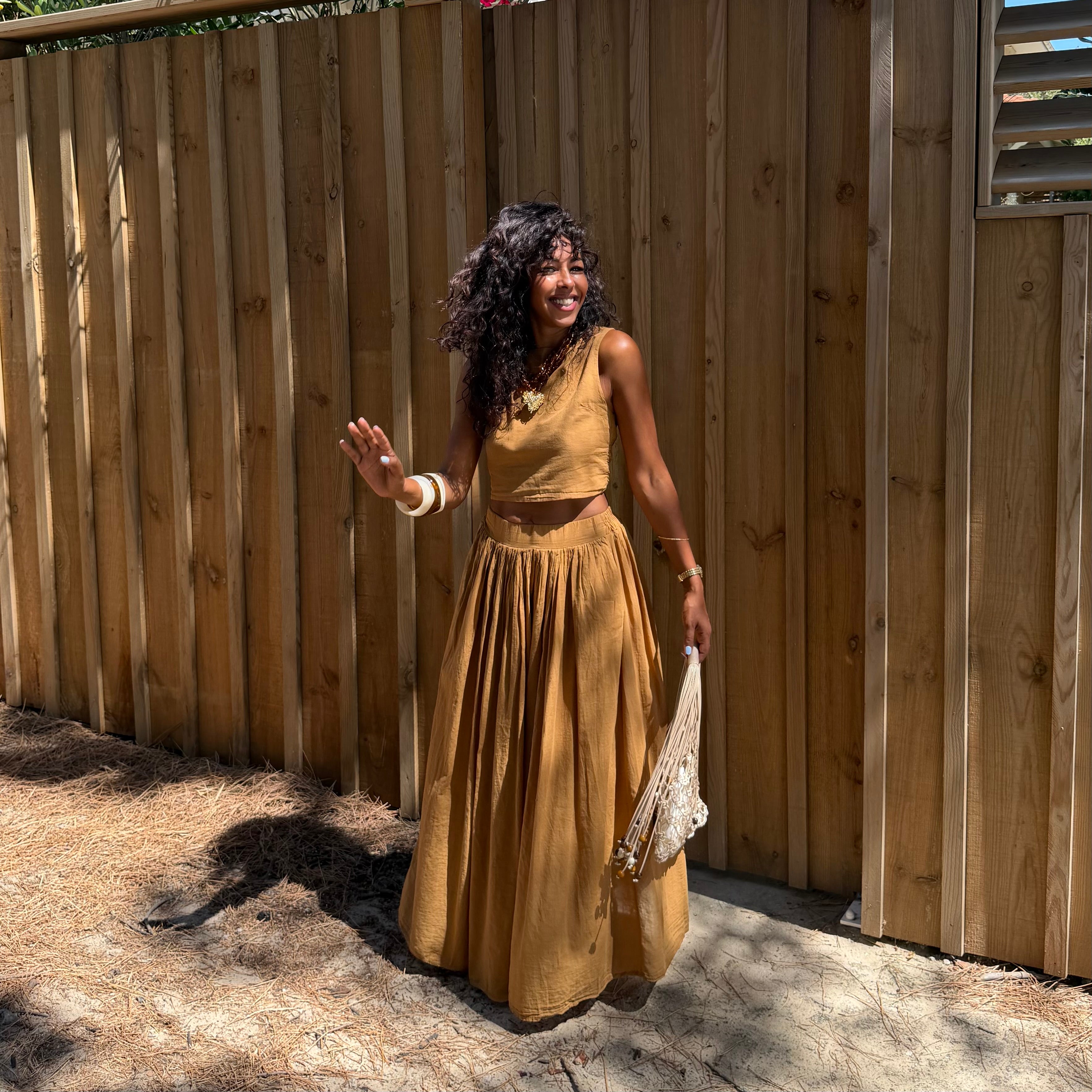 Ensemble YDRA jupe et top dos nu en coton tabac