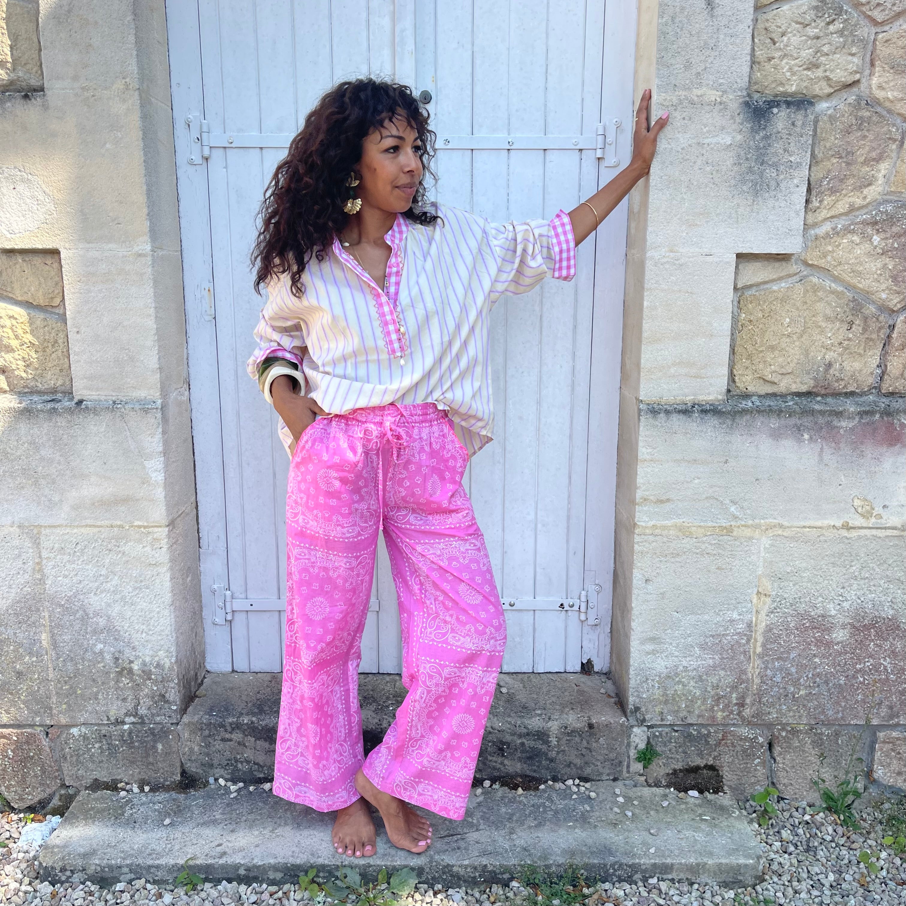 Blouse GIVI, jaune pale rayé rose, coton, oversize