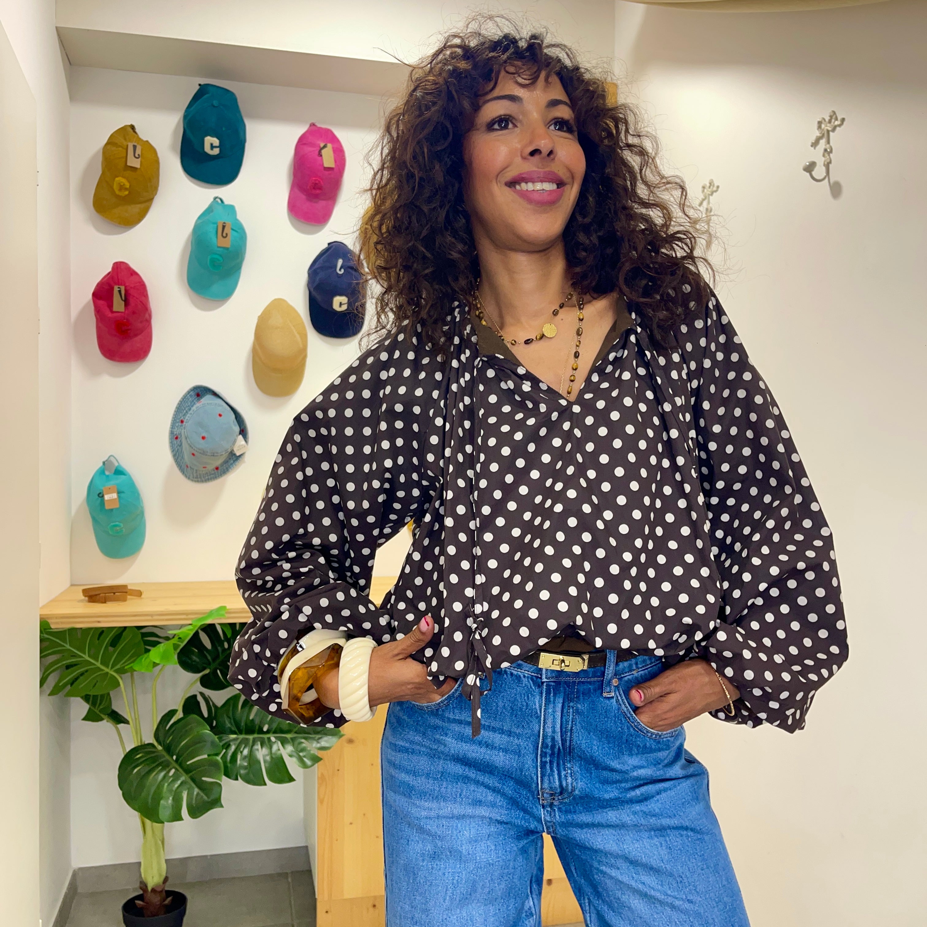 Blouse marron manches longues à pois CLODY et à la coupe fluide
