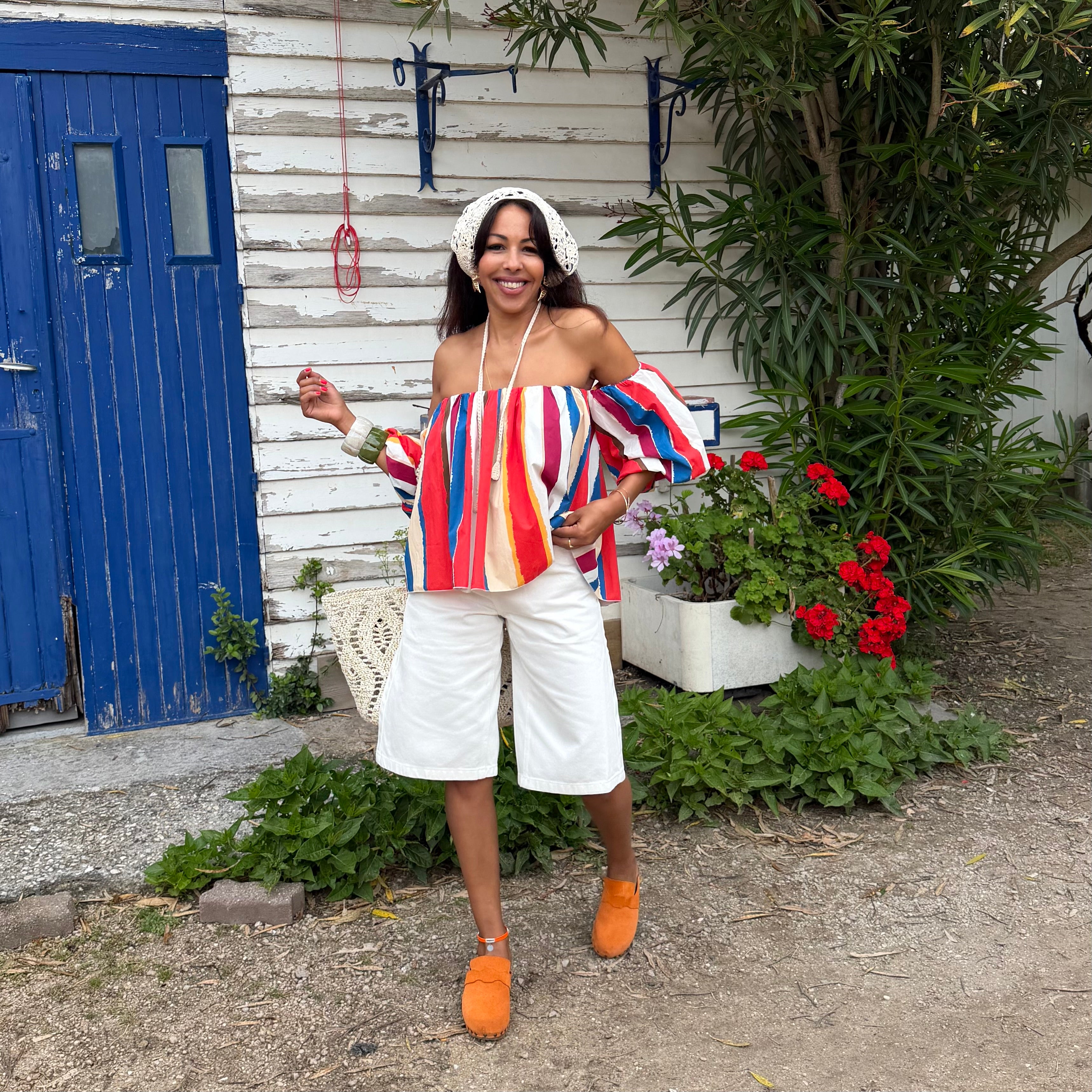 Blouse LIO rayée multicolore rouge – coton – col bardot