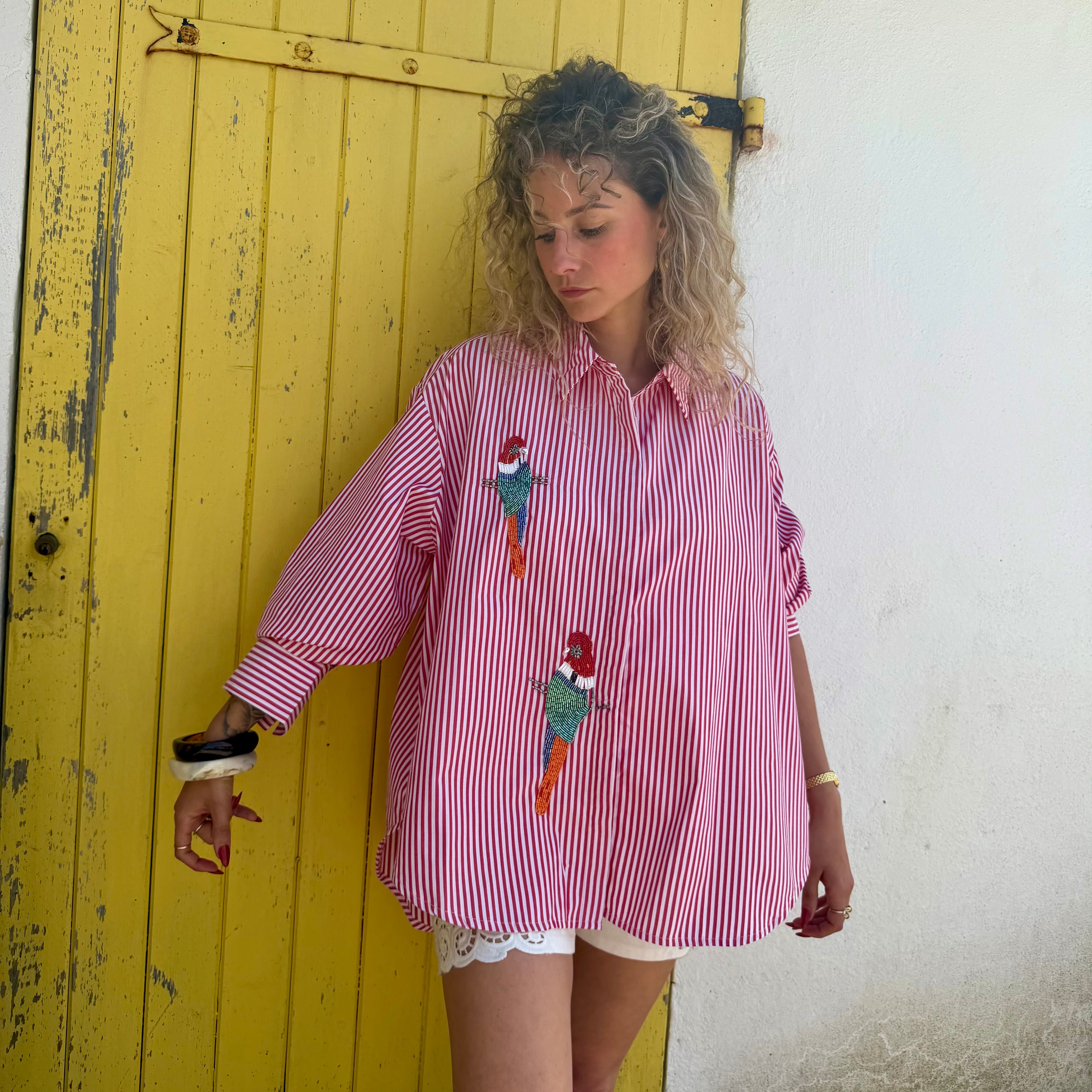 Chemise PERROQUET rayée rouge avec broderie