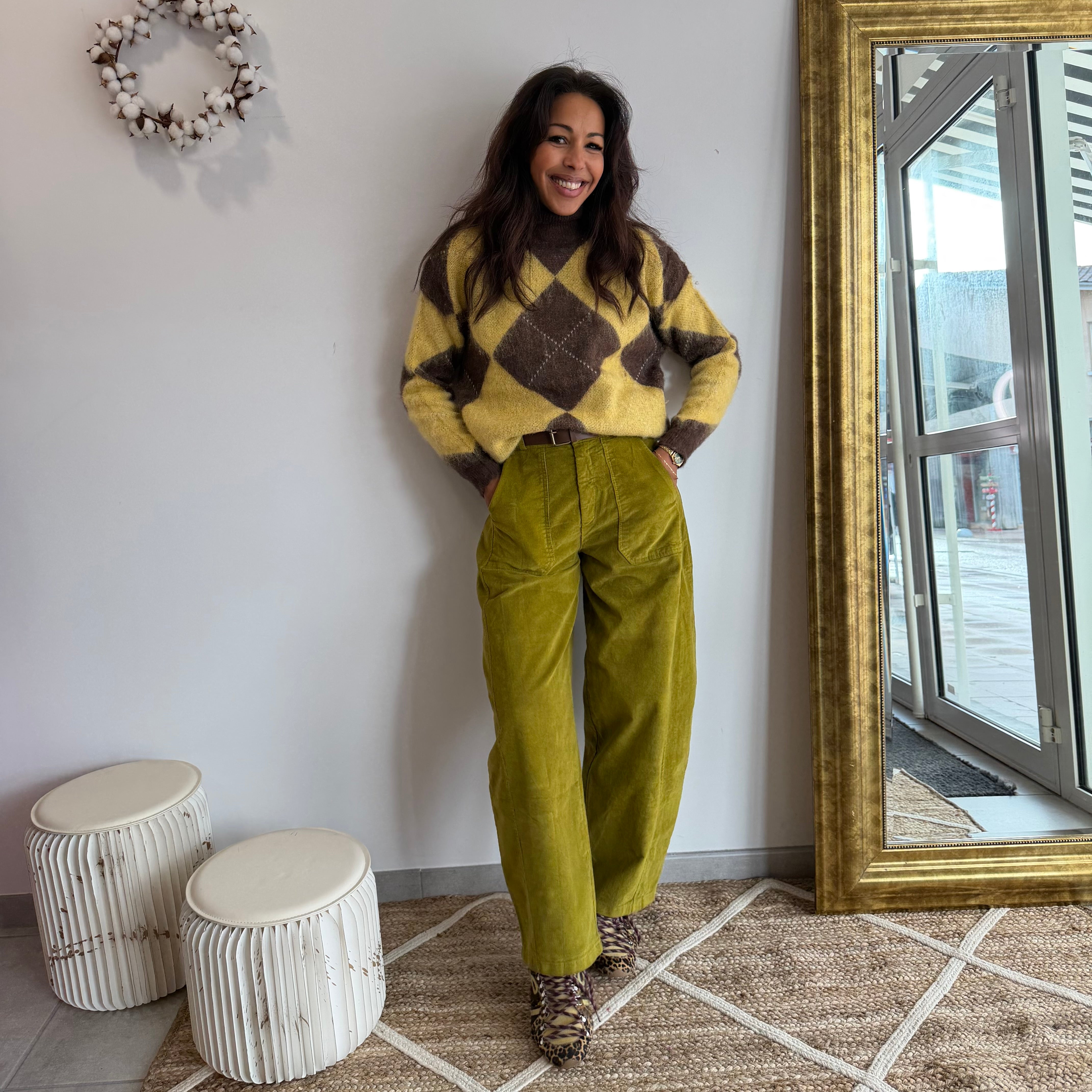 Pull LOSANGE, col montant, marron et jaune pale