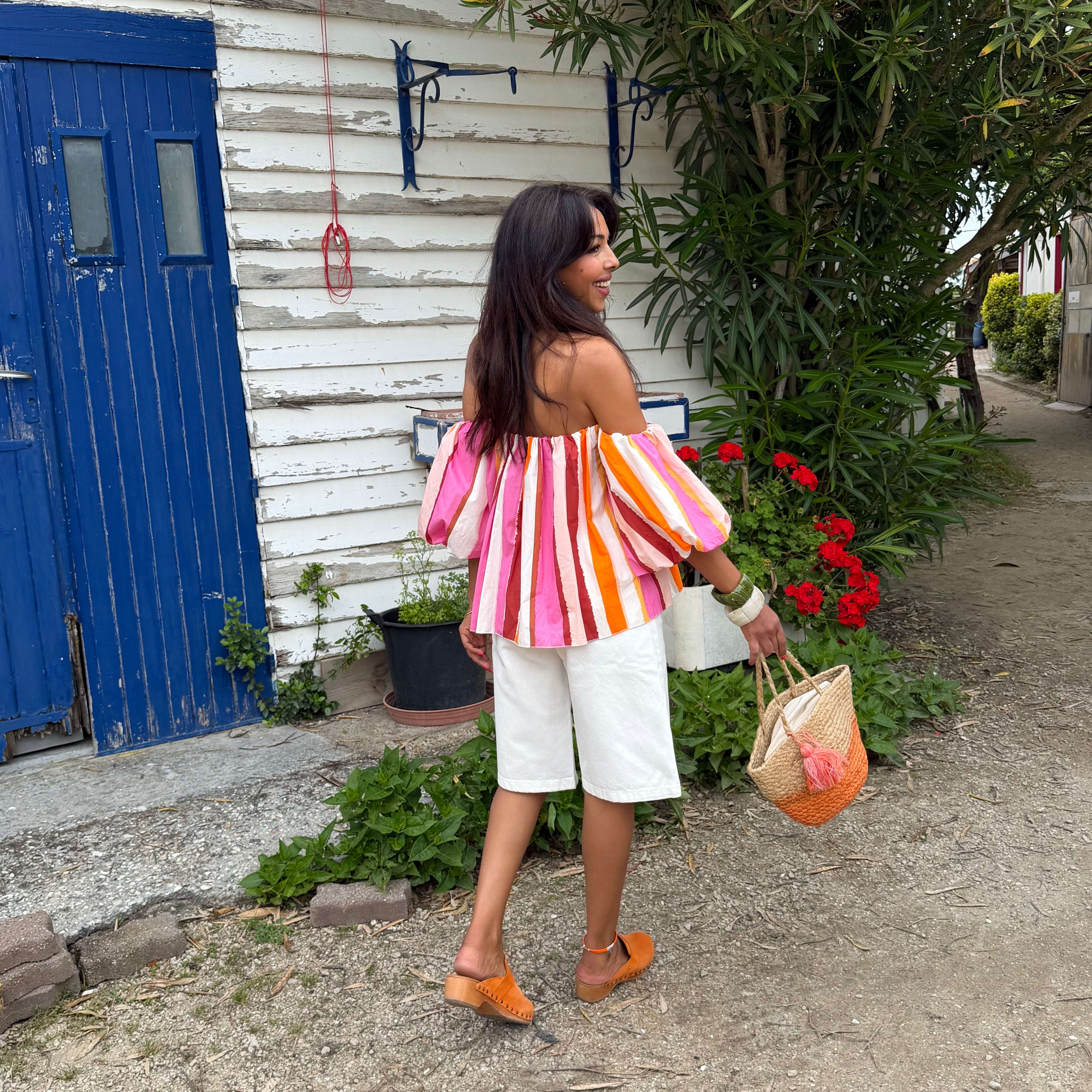 Blouse LIO rayée multicolore rose– coton – col bardot