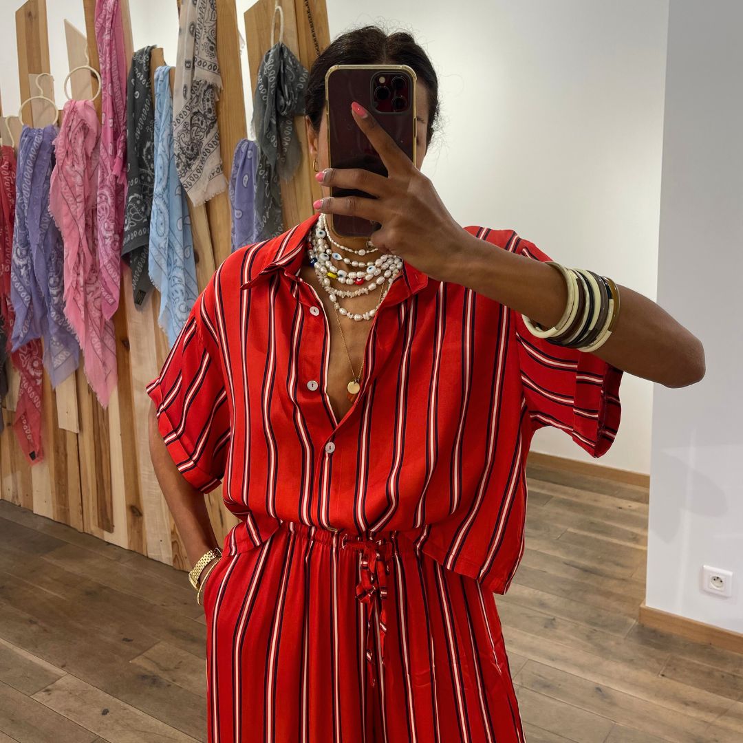 Chemise crop top d'ensemble ADÈLE rouge à rayures dotée d'une coupe oversize